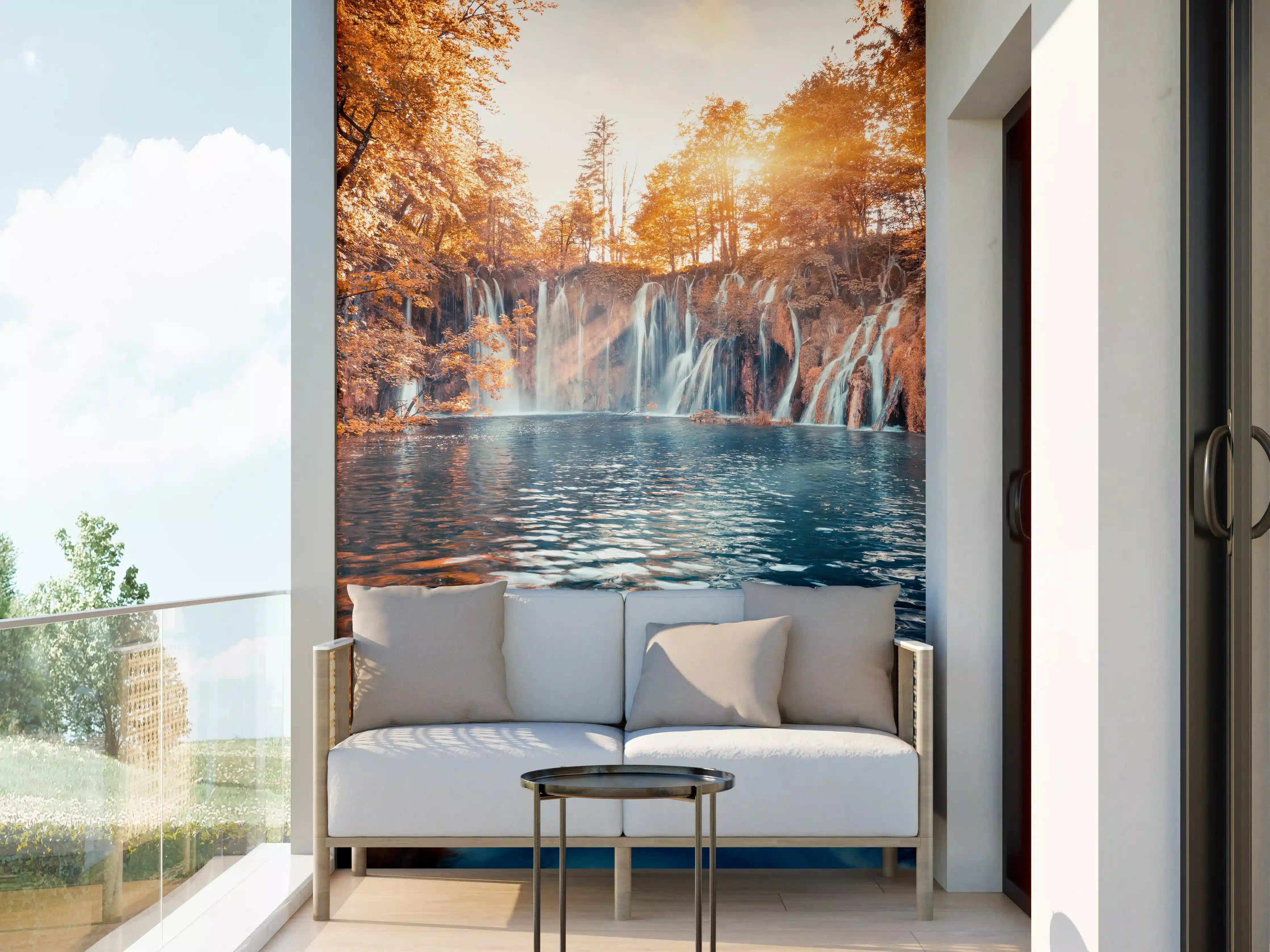 Wandverkleidung außen - Wasserfall in Plitvice Nation bei Sonnenaufgang