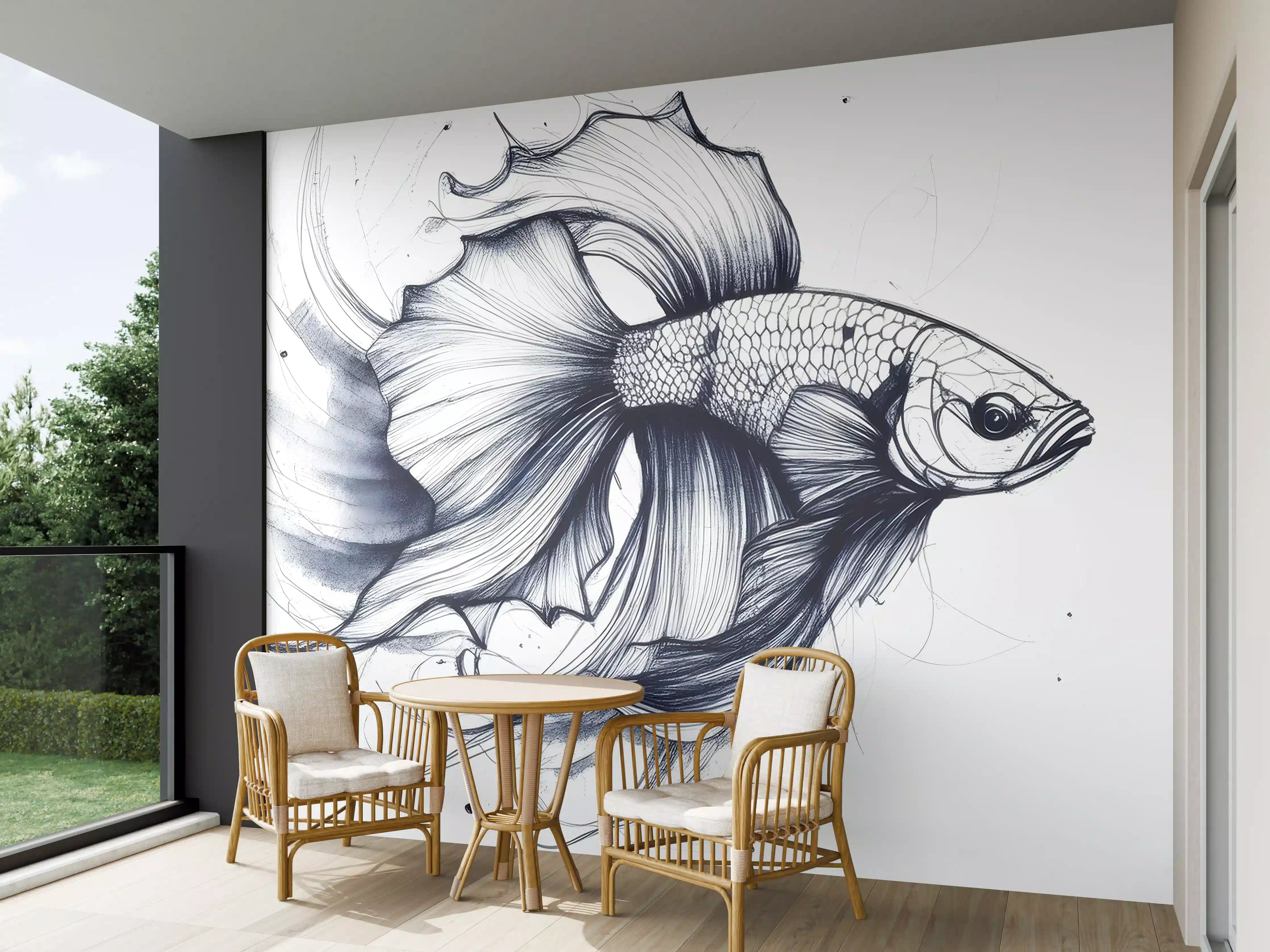 Wandverkleidung außen - Weiß-Grau Betta-Fisch Illustration