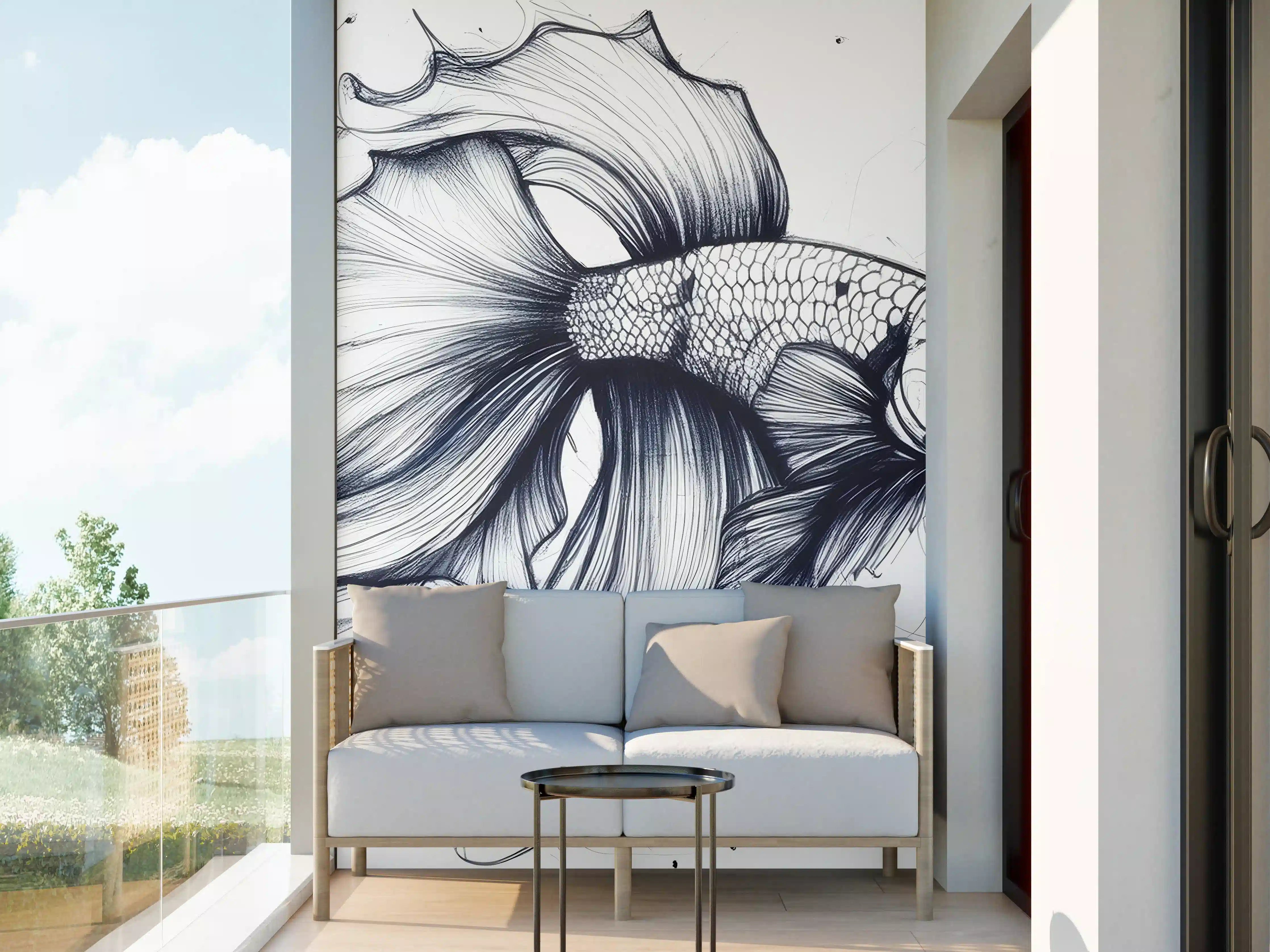 Wandverkleidung außen - Weiß-Grau Betta-Fisch Illustration