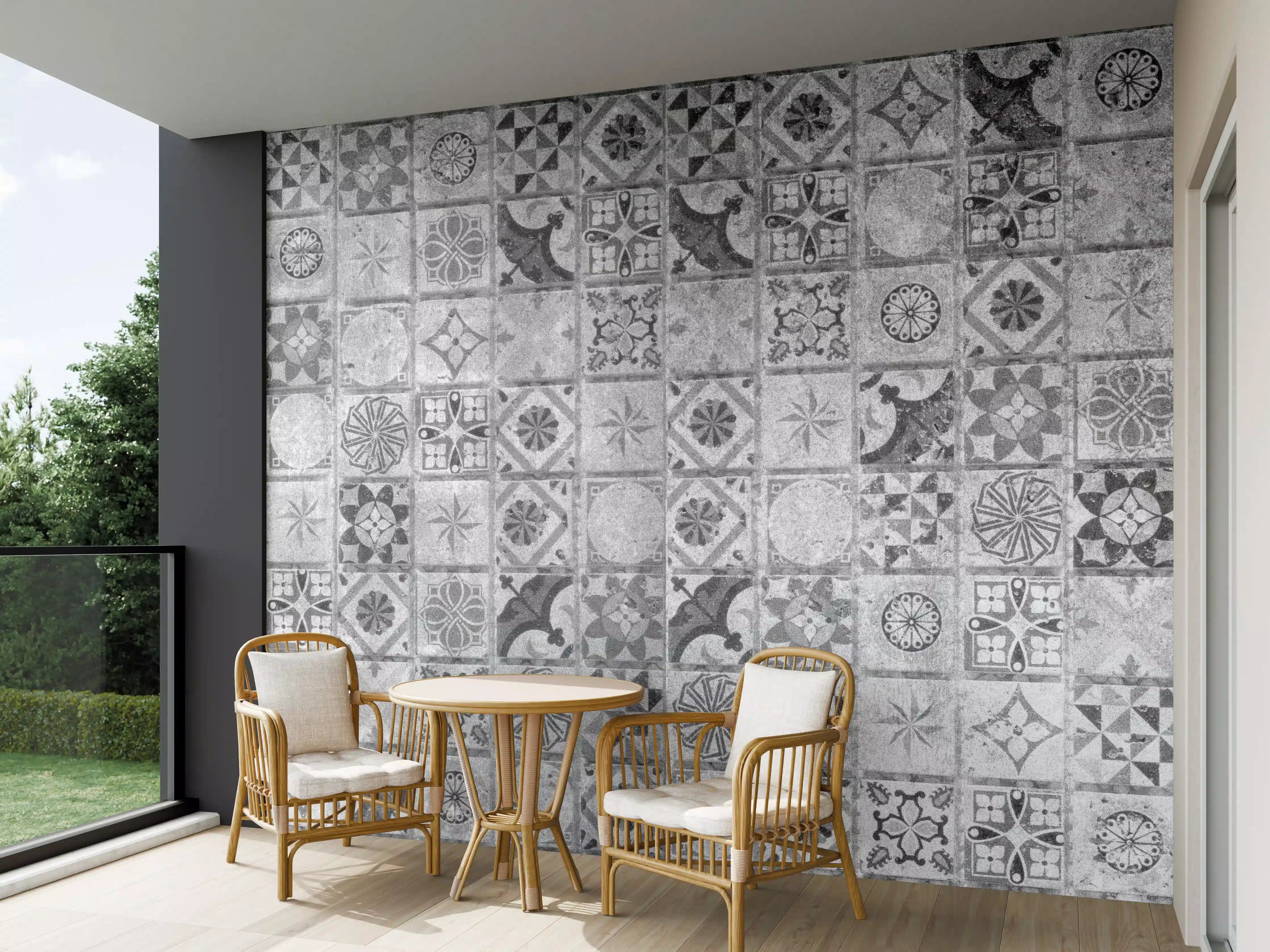 Wandverkleidung außen - Weiße Fliesen mit grauem Muster