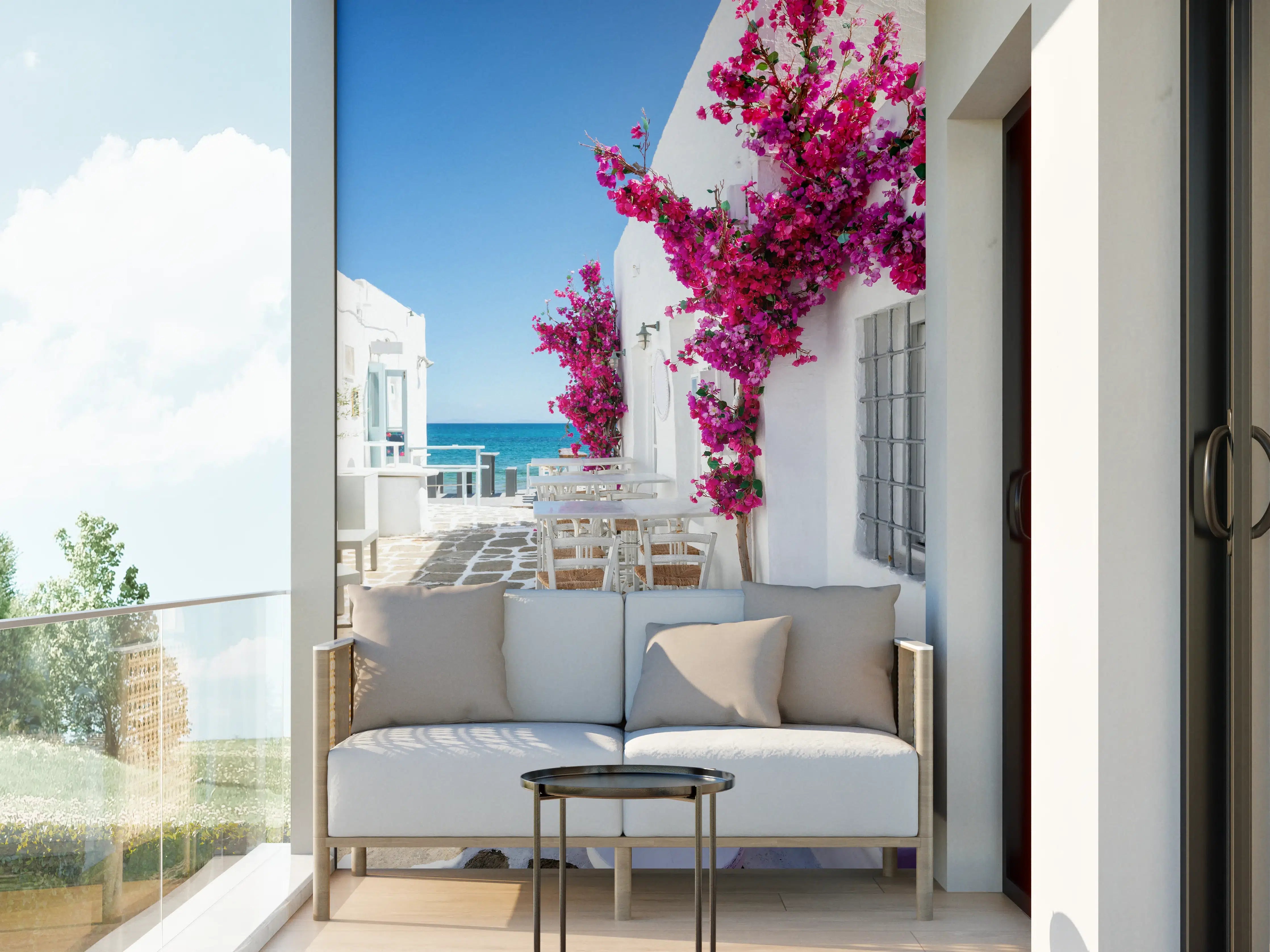 Wandverkleidung außen - Weiße Gasse mit Oleander Blumen in Mykonos