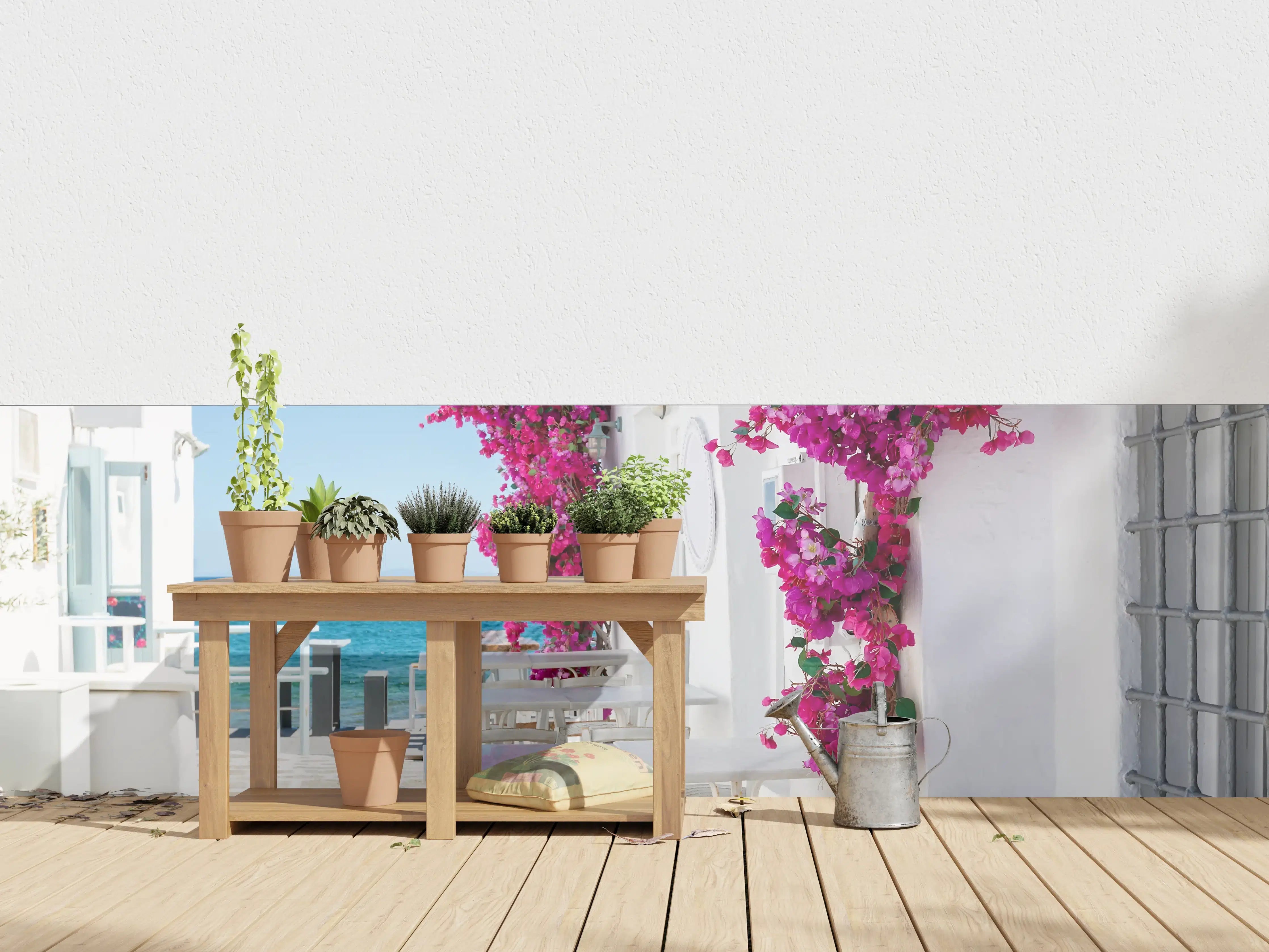 Wandverkleidung außen - Weiße Gasse mit Oleander Blumen in Mykonos