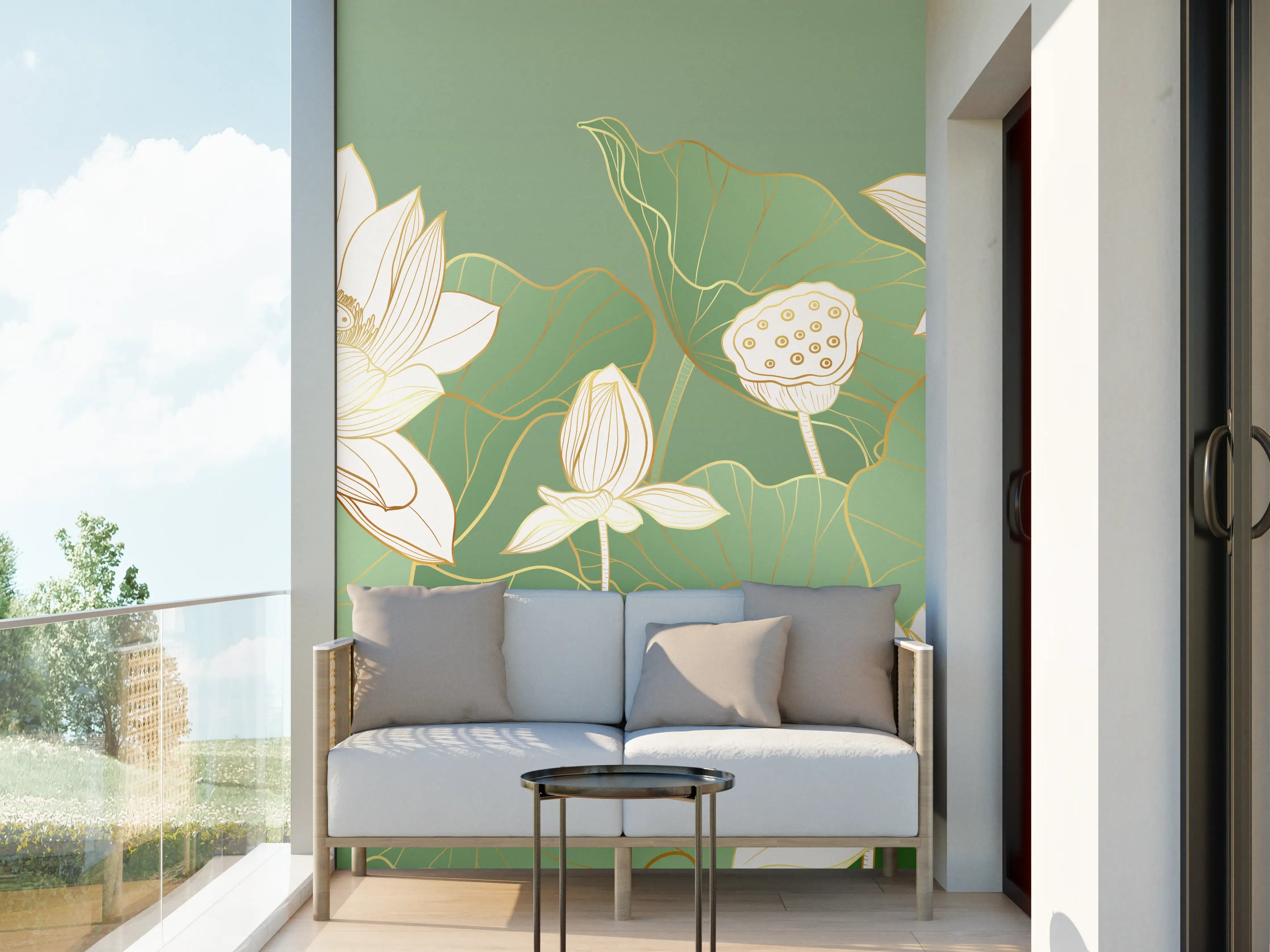 Wandverkleidung außen - Weiße Lotusblumen auf grünem Wasserlilienblatt-Hintergrund