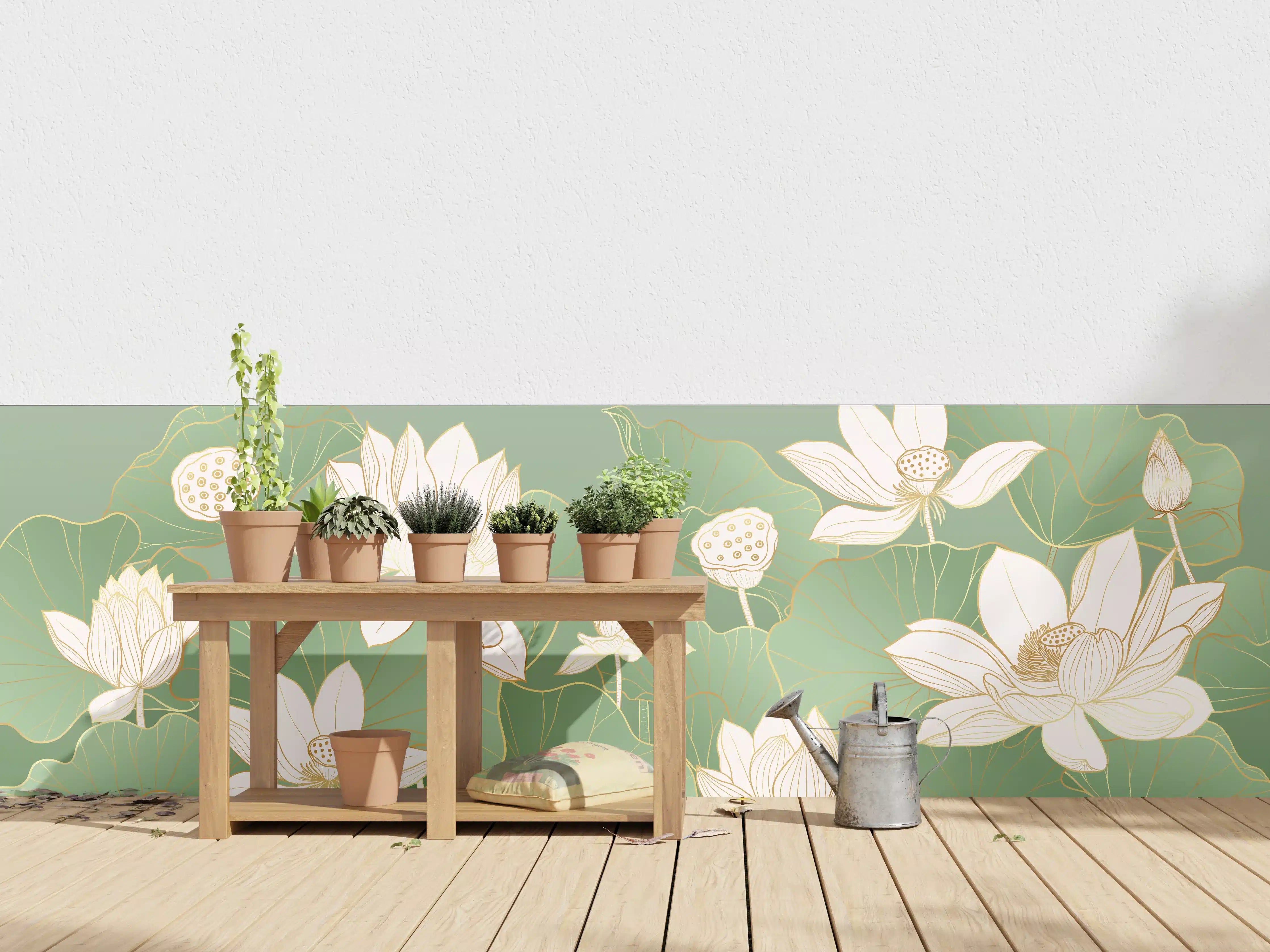 Wandverkleidung außen - Weiße Lotusblumen auf grünem Wasserlilienblatt-Hintergrund