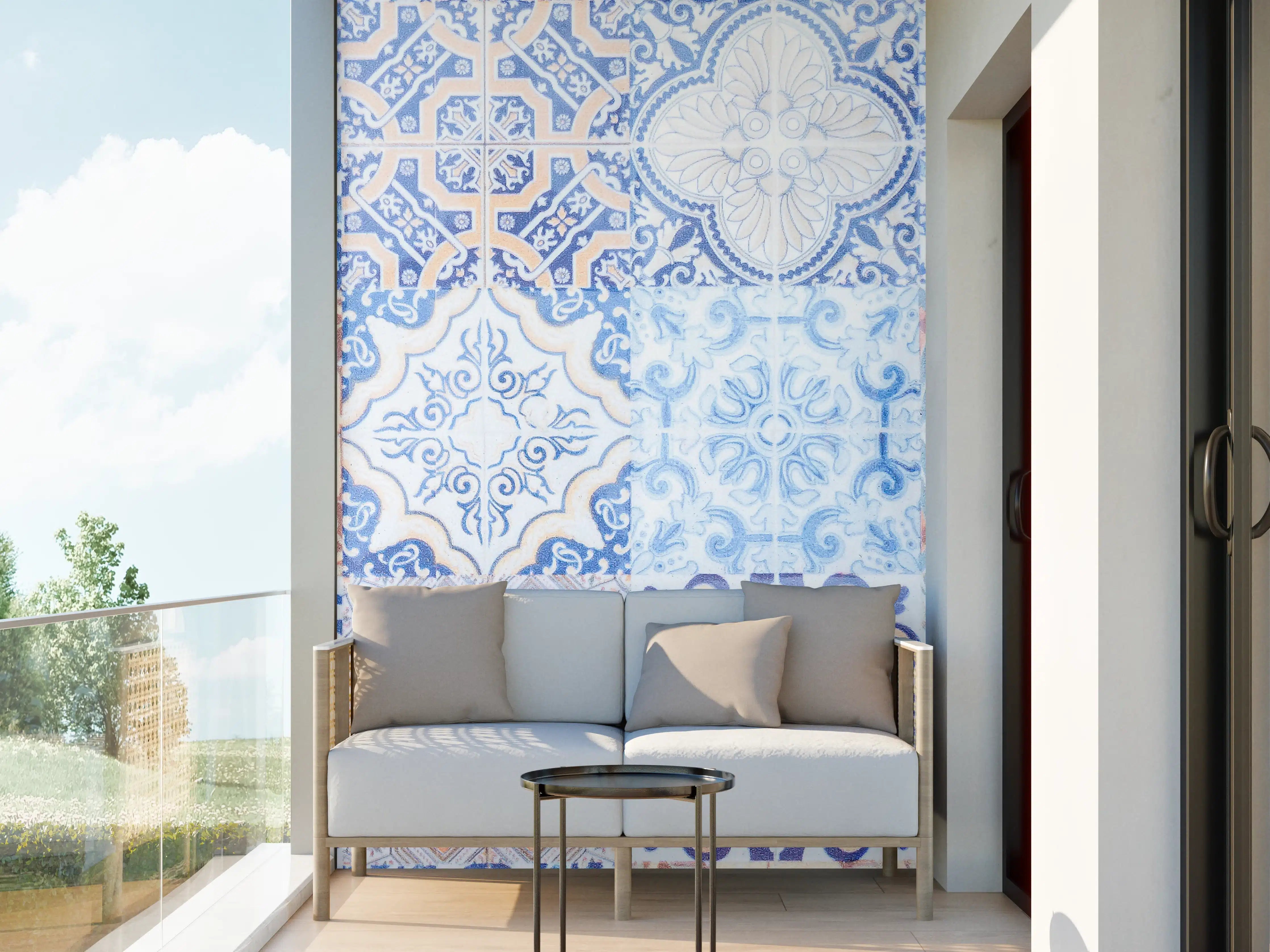 Wandverkleidung außen - Weiße und blaue Mosaikfliesen im Fliesendesign