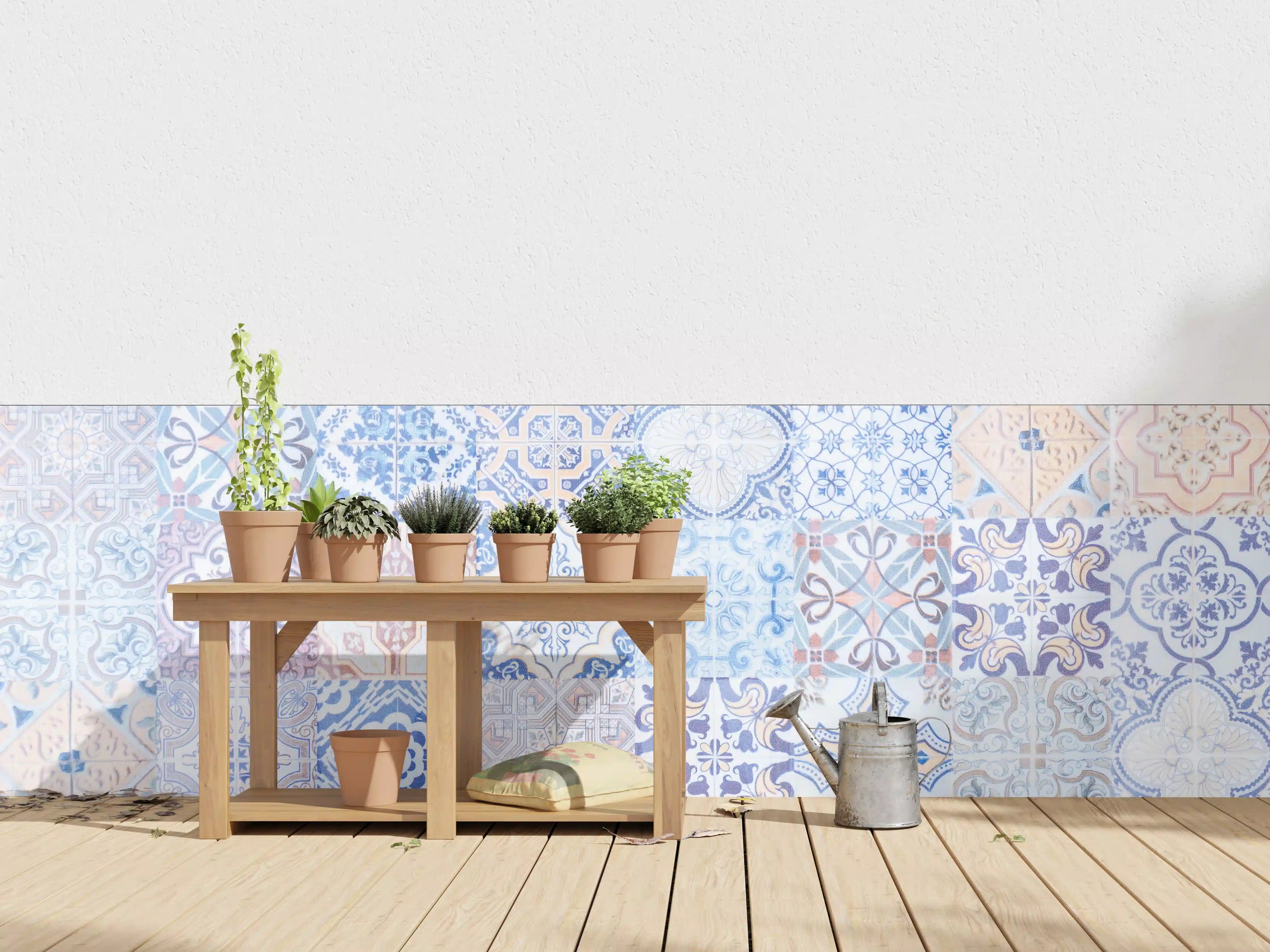Wandverkleidung außen - Weiße und blaue Mosaikfliesen im Fliesendesign