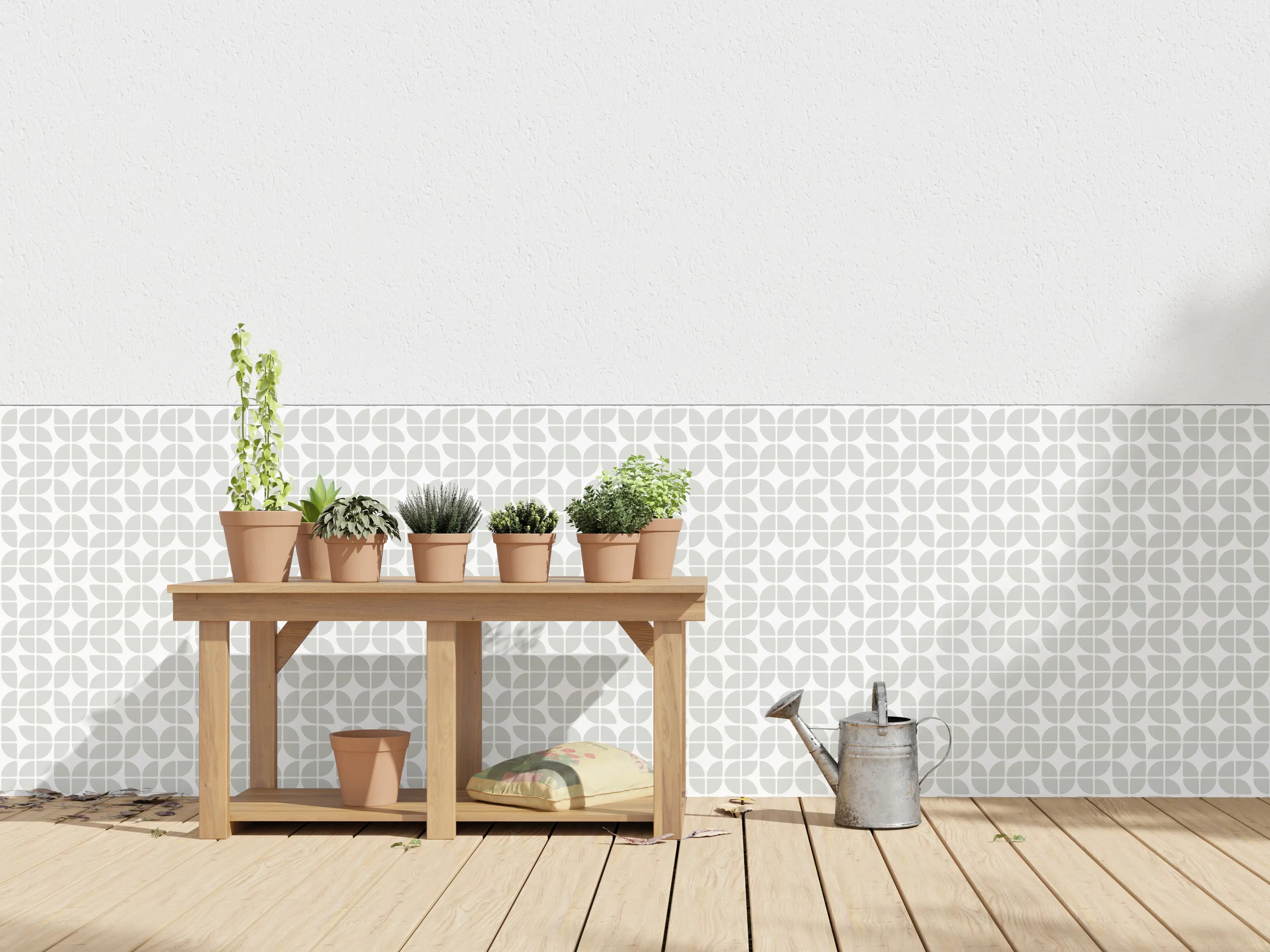 Wandverkleidung außen - Weiße, elegante Fliesen mit grauem Muster