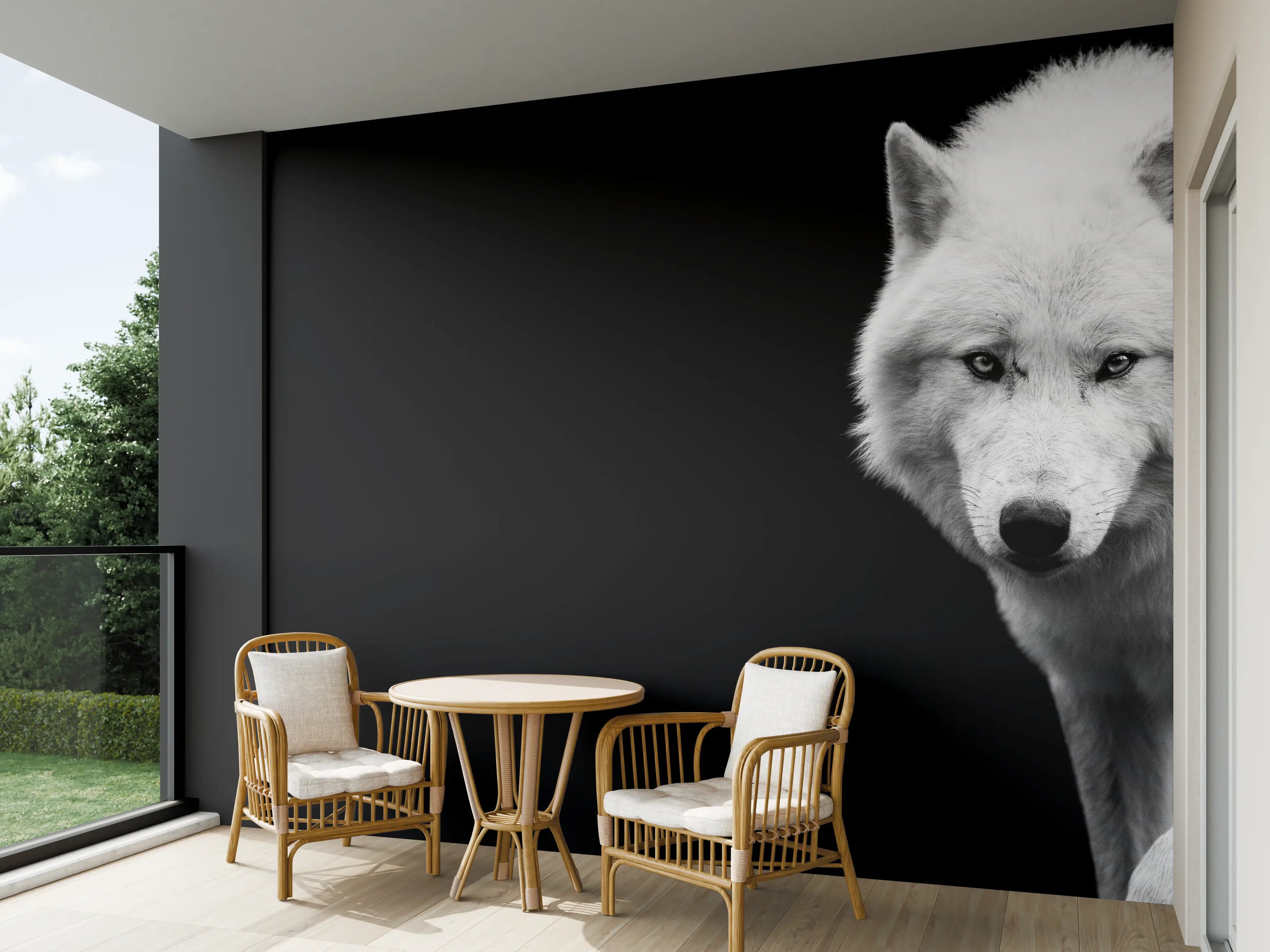 Wandverkleidung außen - Weißer Wolf mit schwarzem Hintergrund