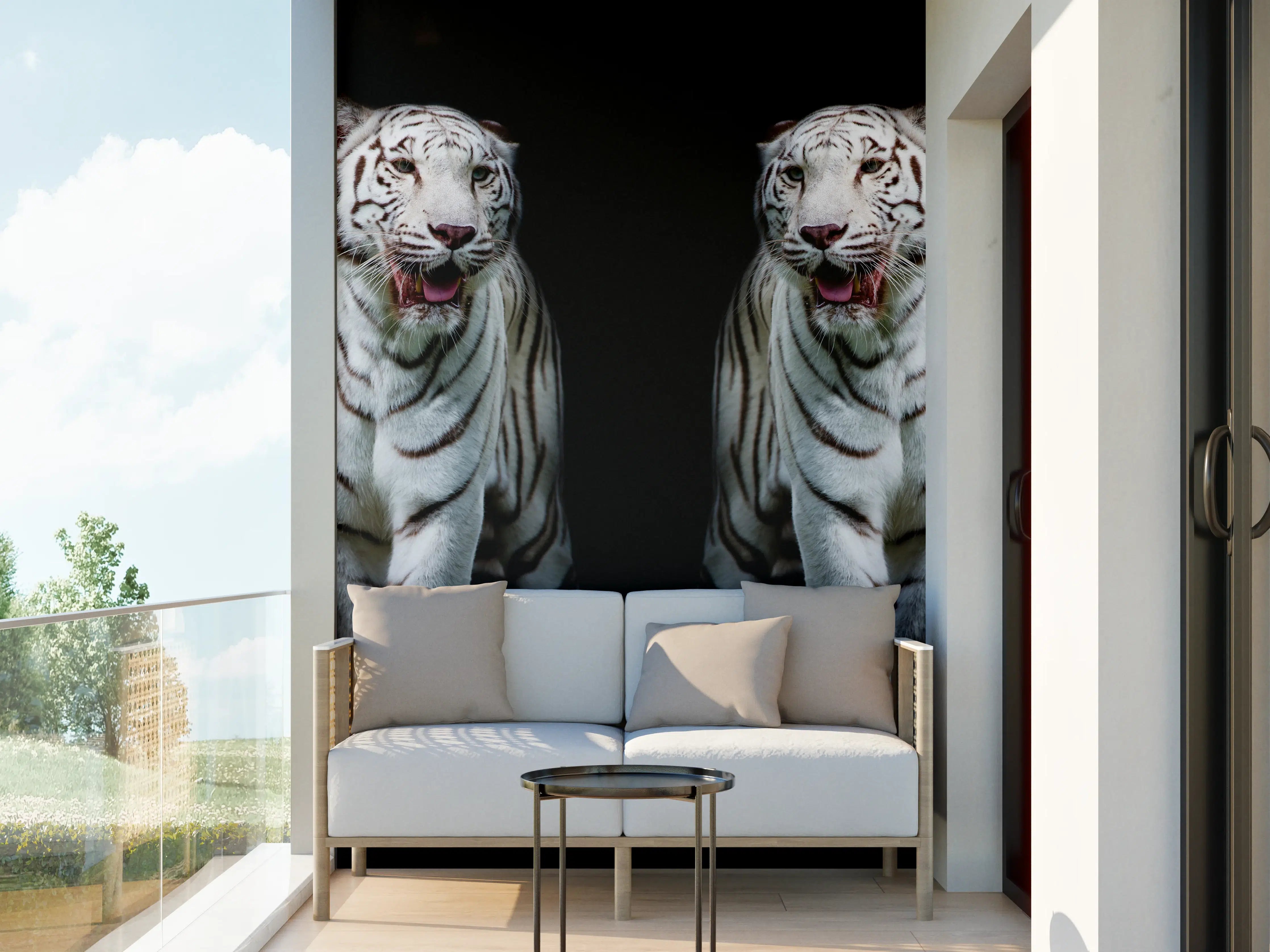 Wandverkleidung außen - Zwei weiße Tiger auf schwarzem Hintergrund