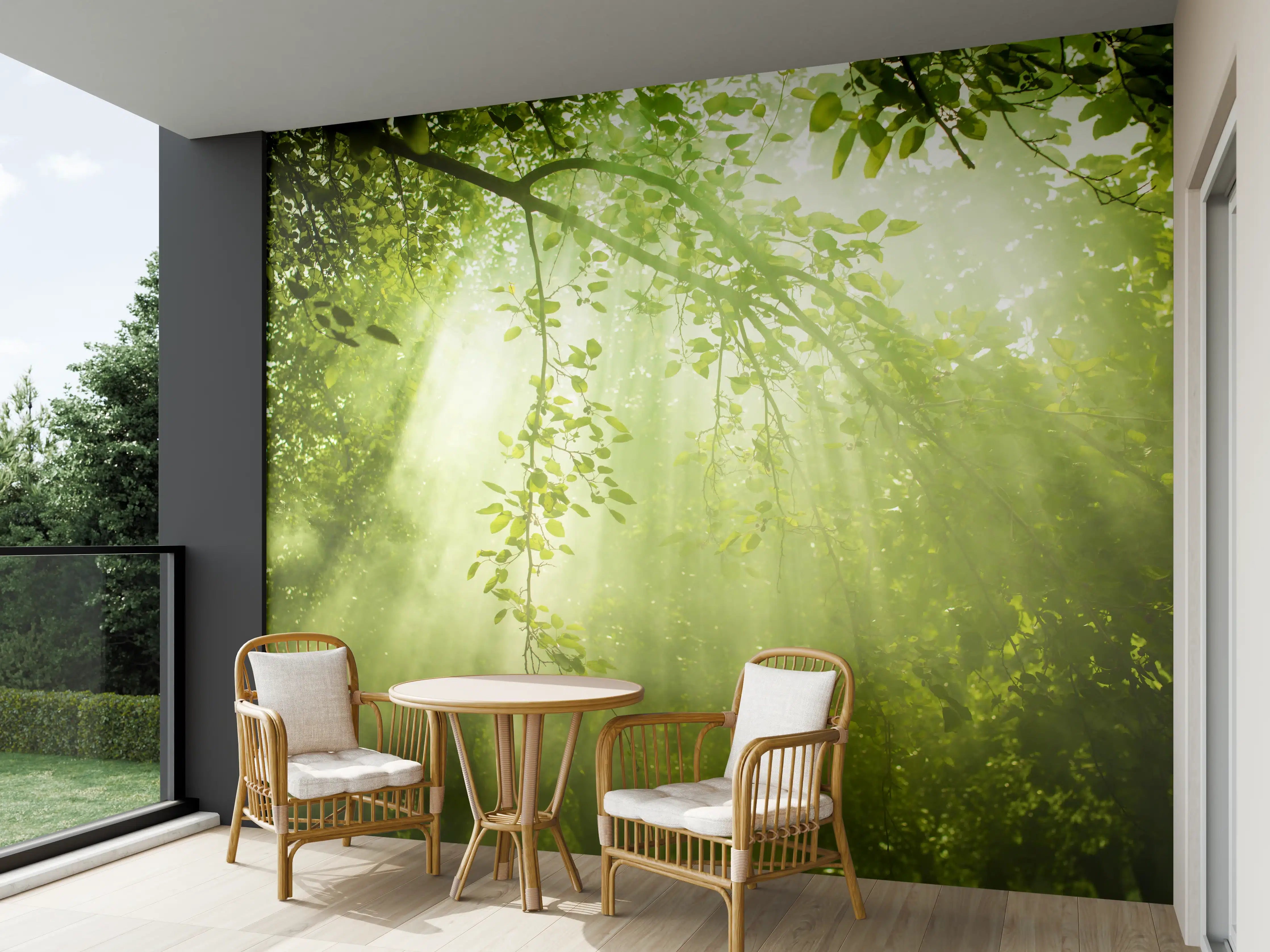 Wandverkleidung außen - mystischer Grüner Wald mit Sonnenstrahl