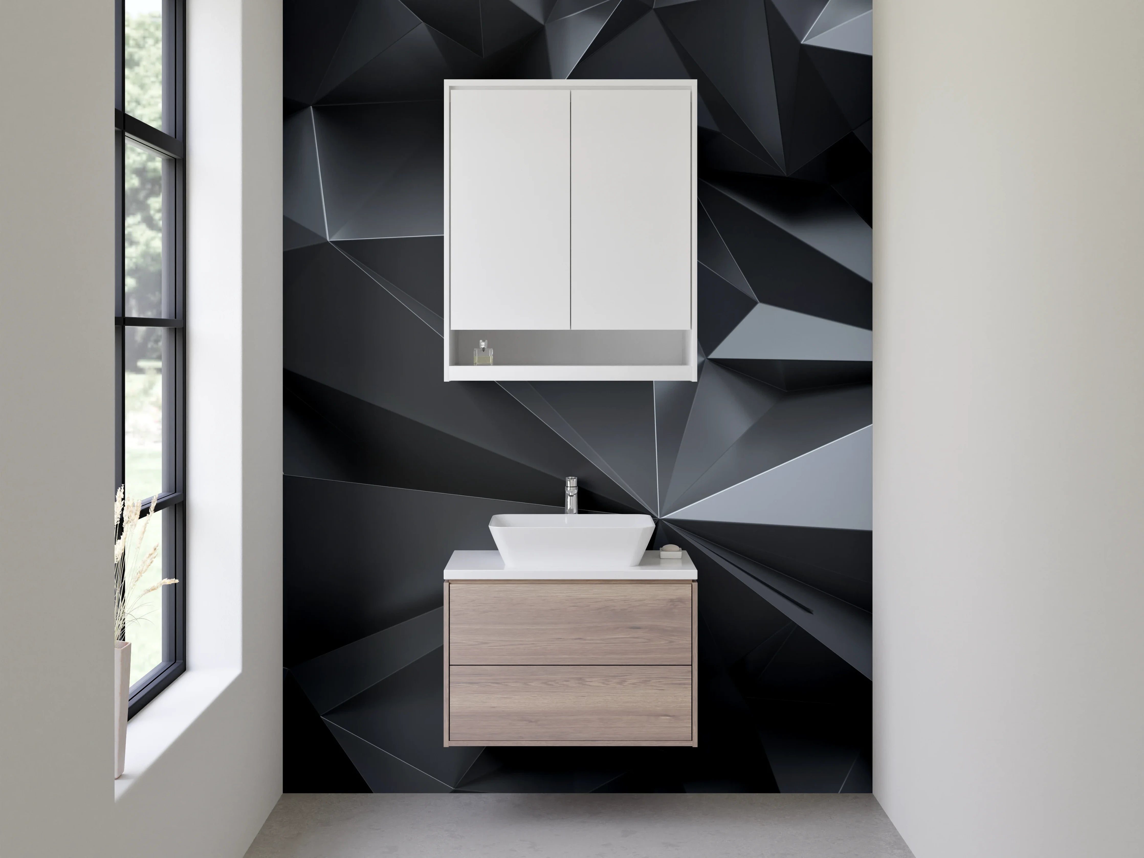 Waschbecken-Rückwand - 3D Polygon Schwarz-Grau Design