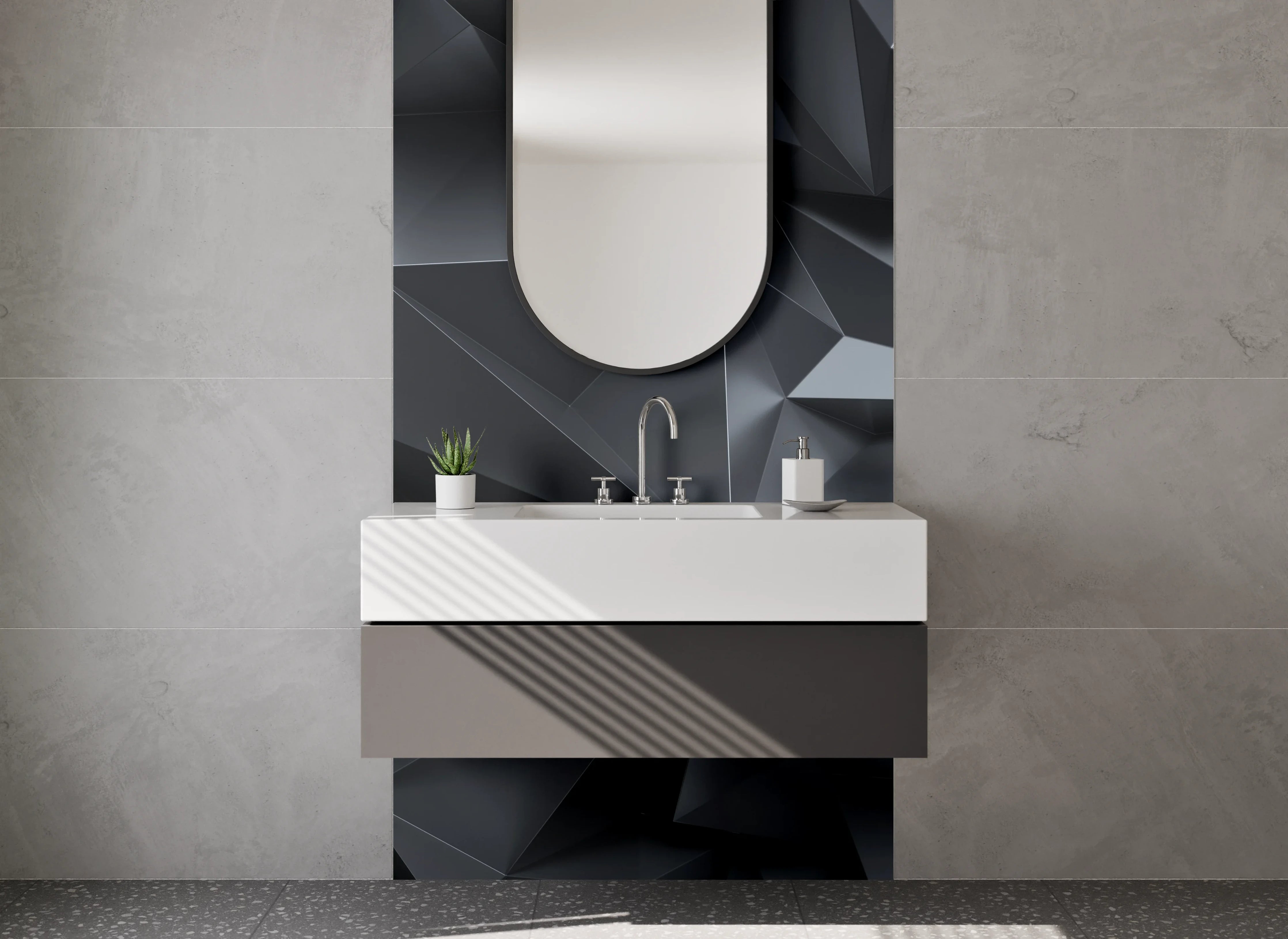 Waschbecken-Rückwand - 3D Polygon Schwarz-Grau Design