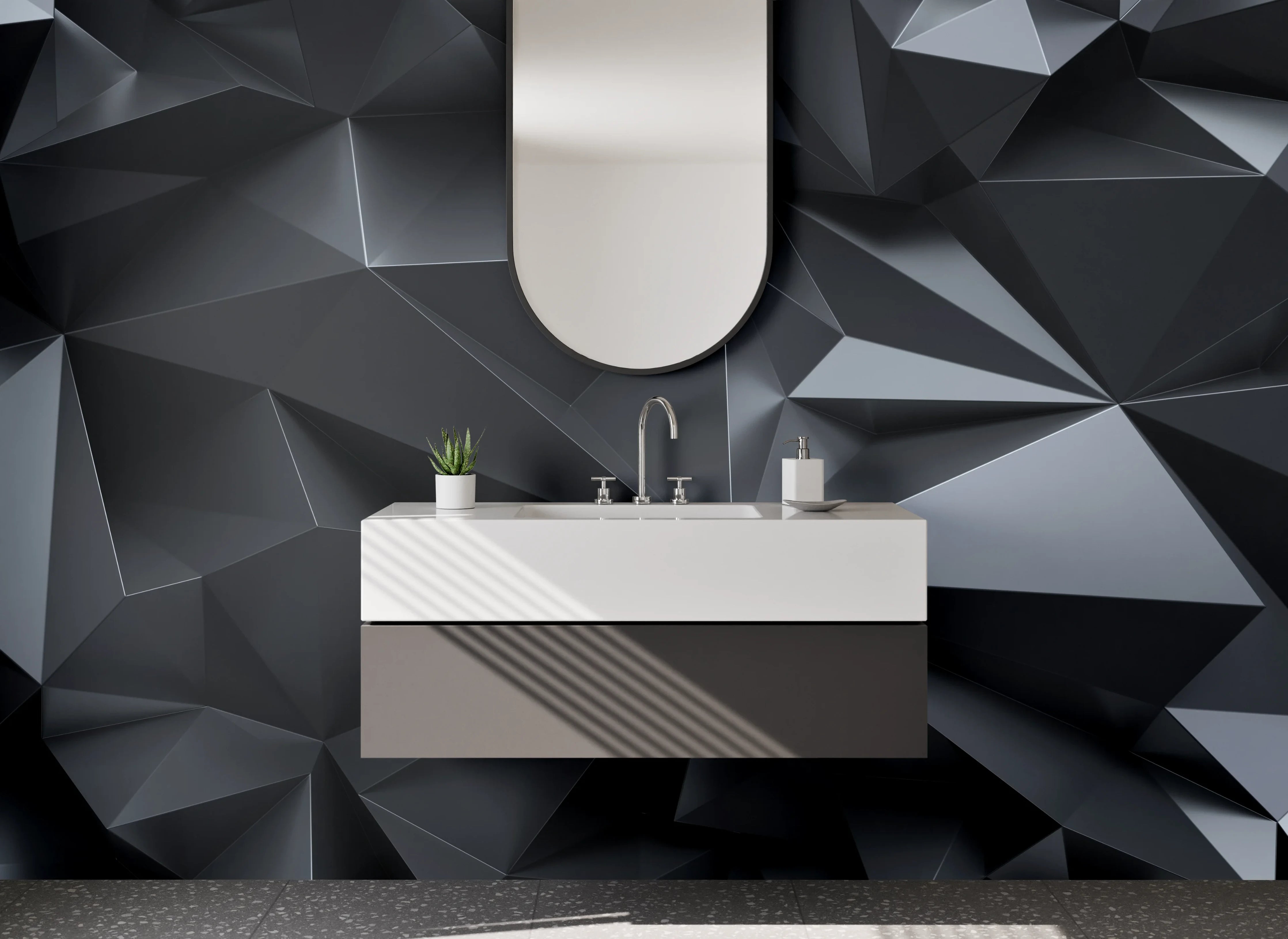 Waschbecken-Rückwand - 3D Polygon Schwarz-Grau Design