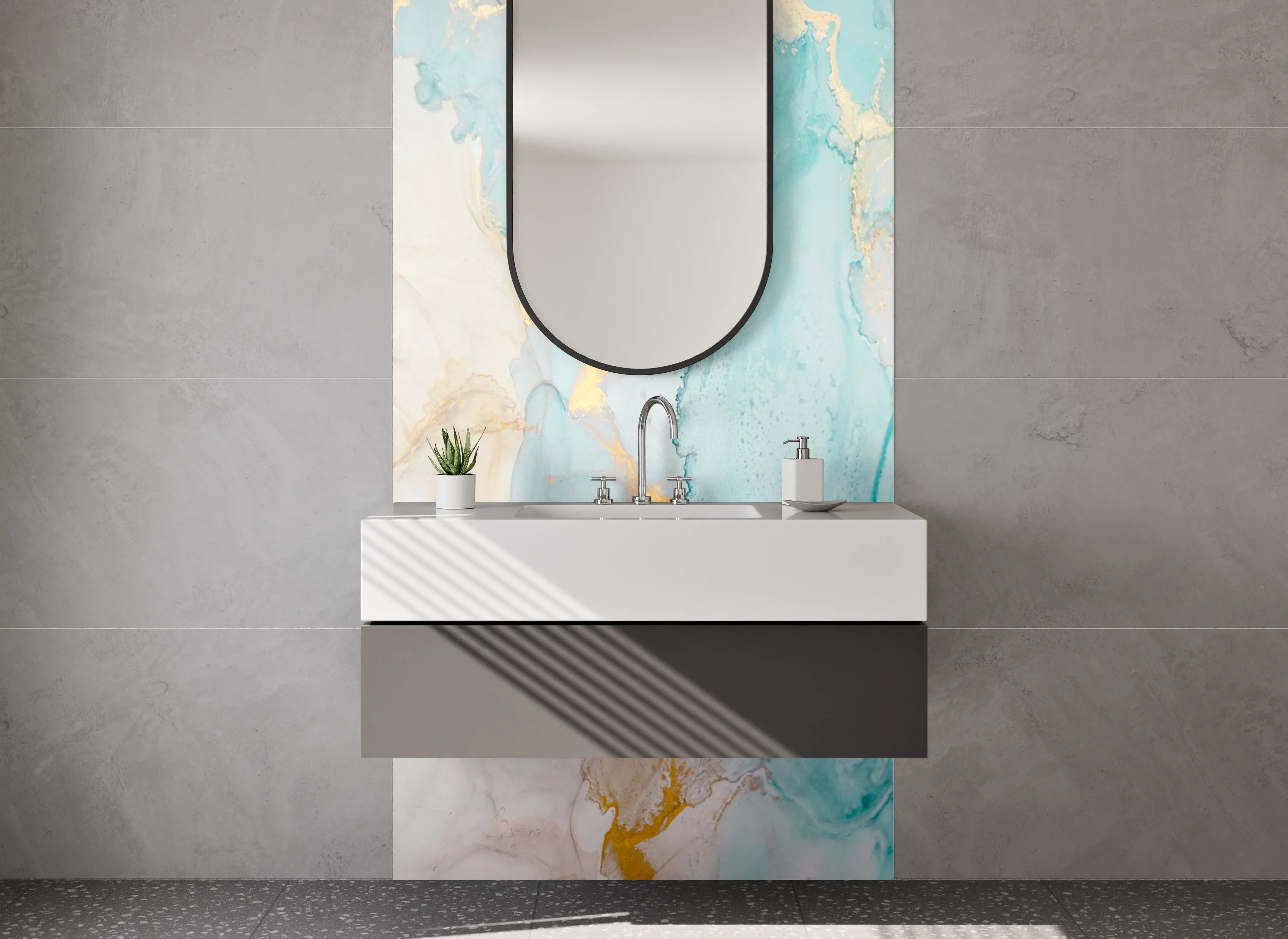 Waschbecken-Rückwand - Abstract Aquarell Marmor Gold Optik