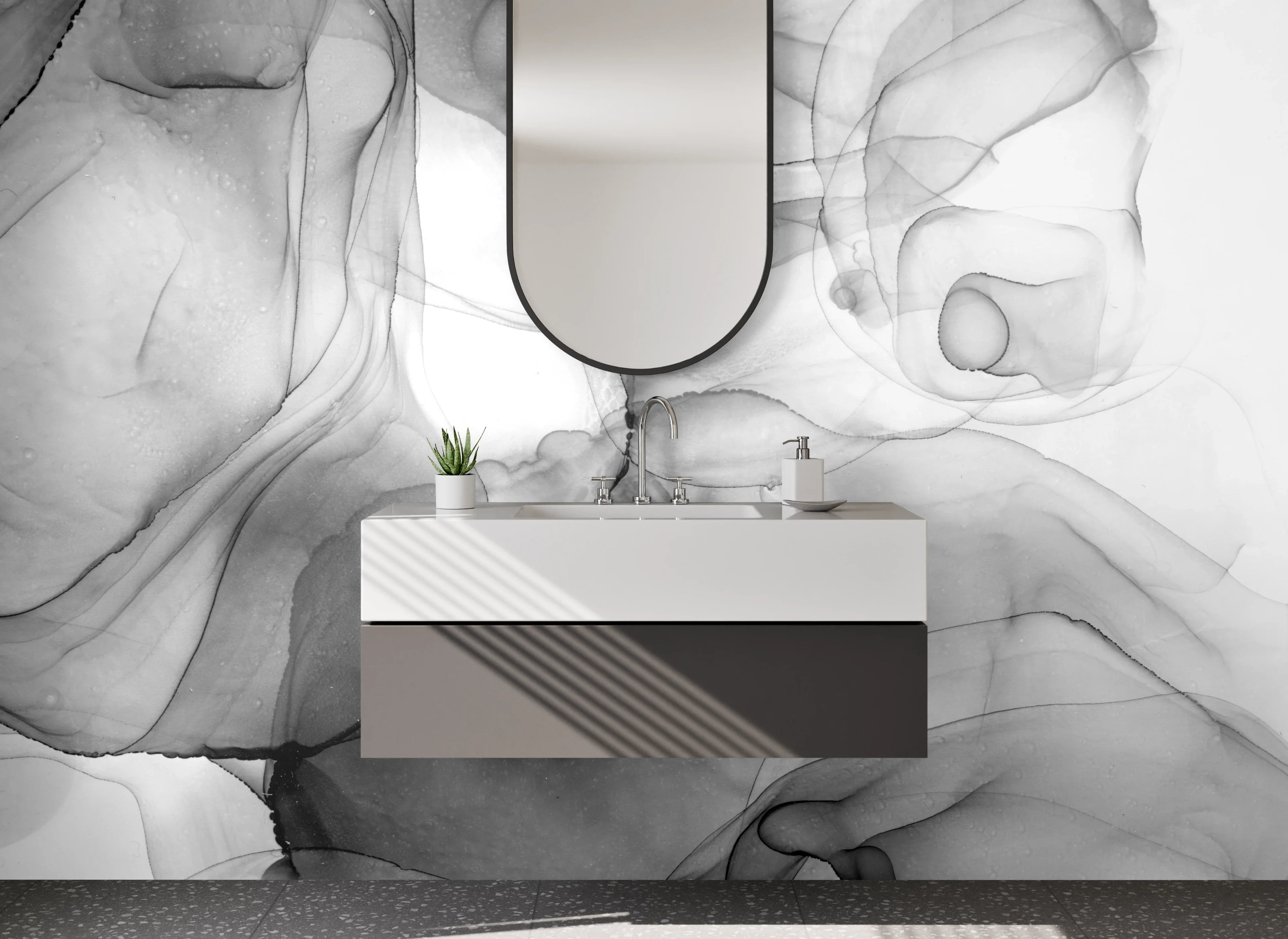 Waschbecken-Rückwand - Abstrakt Schwarz-Weiß Marmor Optik