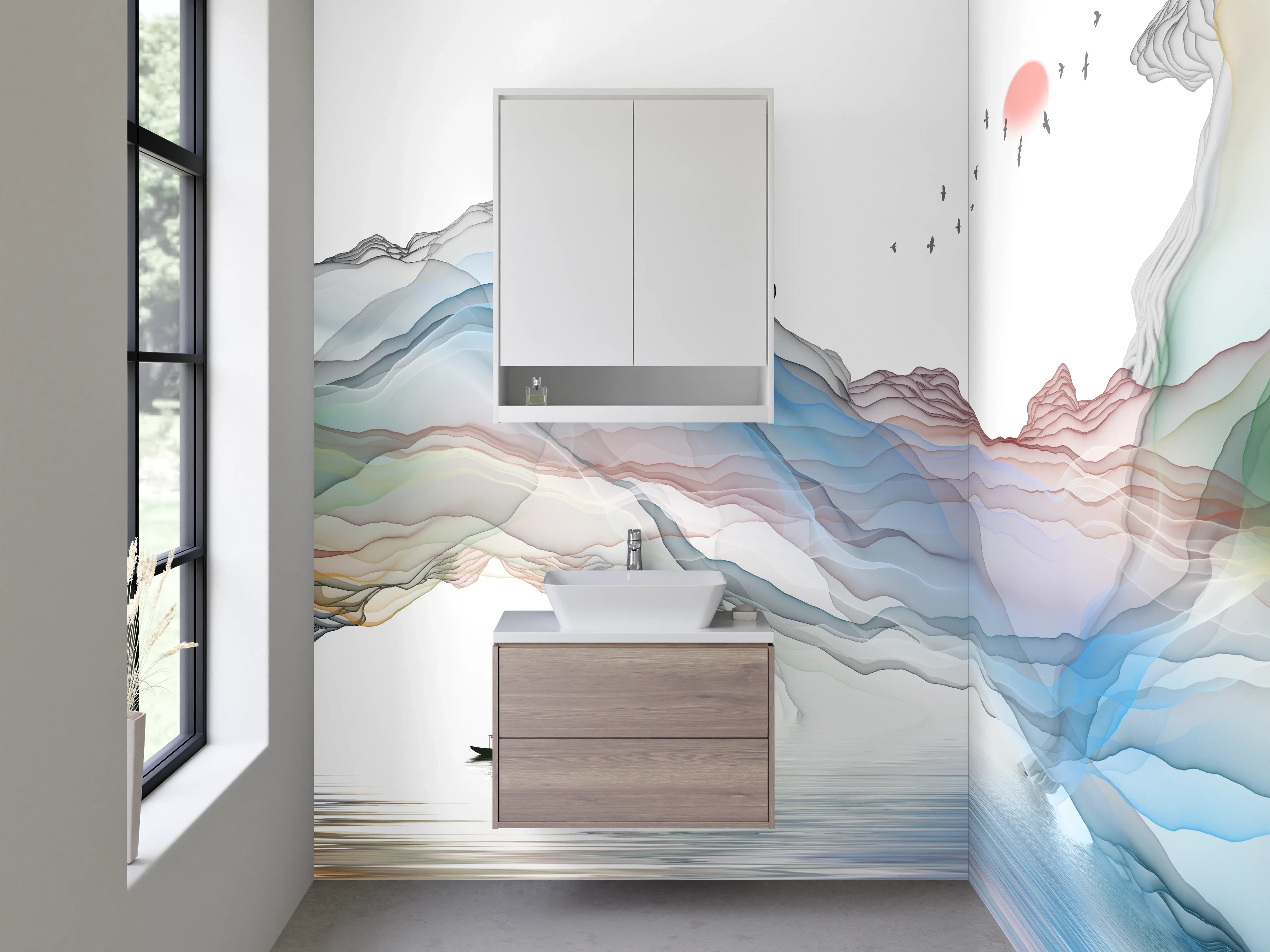 Waschbecken-Rückwand - Abstrakte Aquarell-Landschaft mit Boot