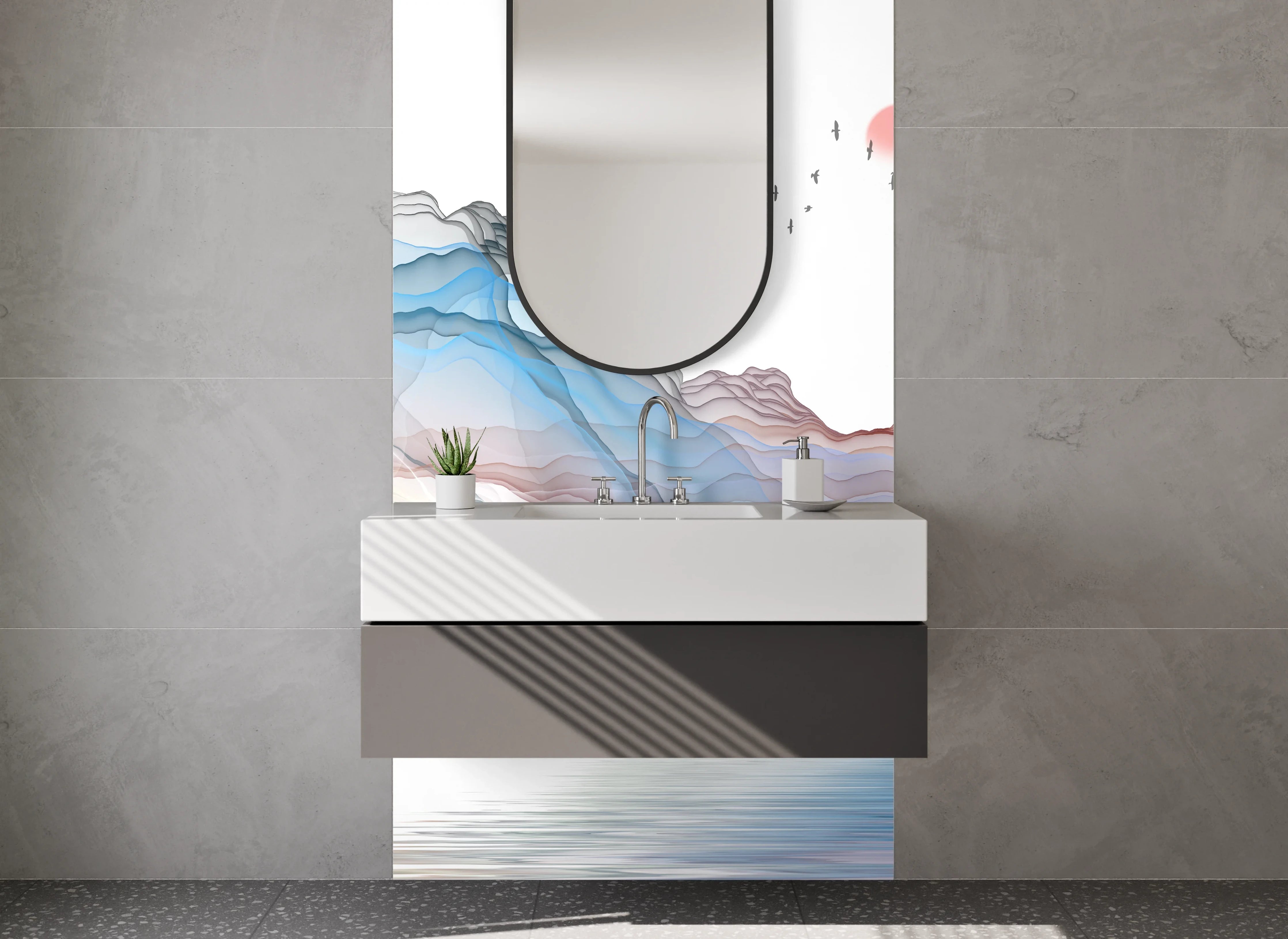 Waschbecken-Rückwand - Abstrakte Aquarell-Landschaft mit Boot
