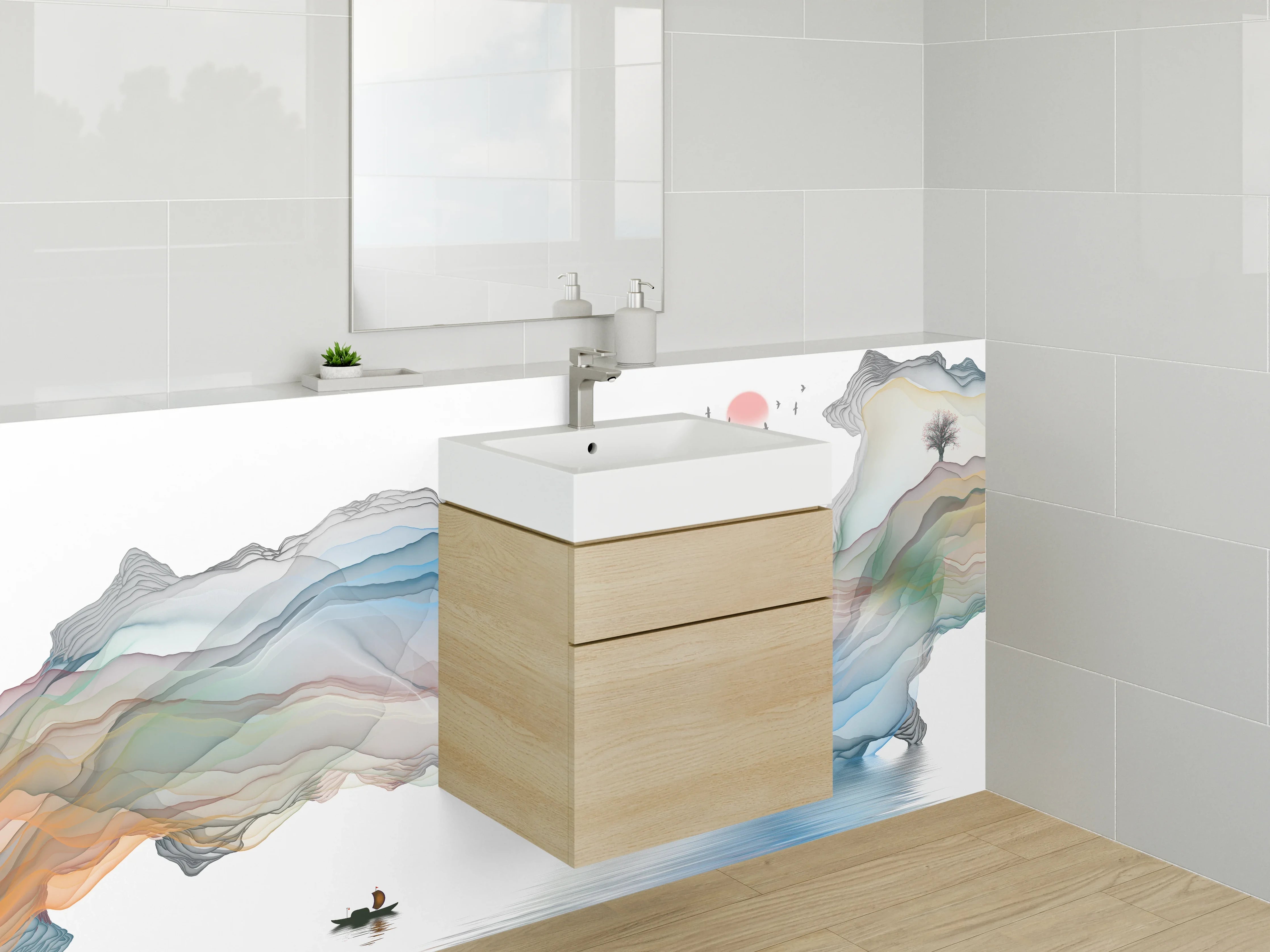 Waschbecken-Rückwand - Abstrakte Aquarell-Landschaft mit Boot