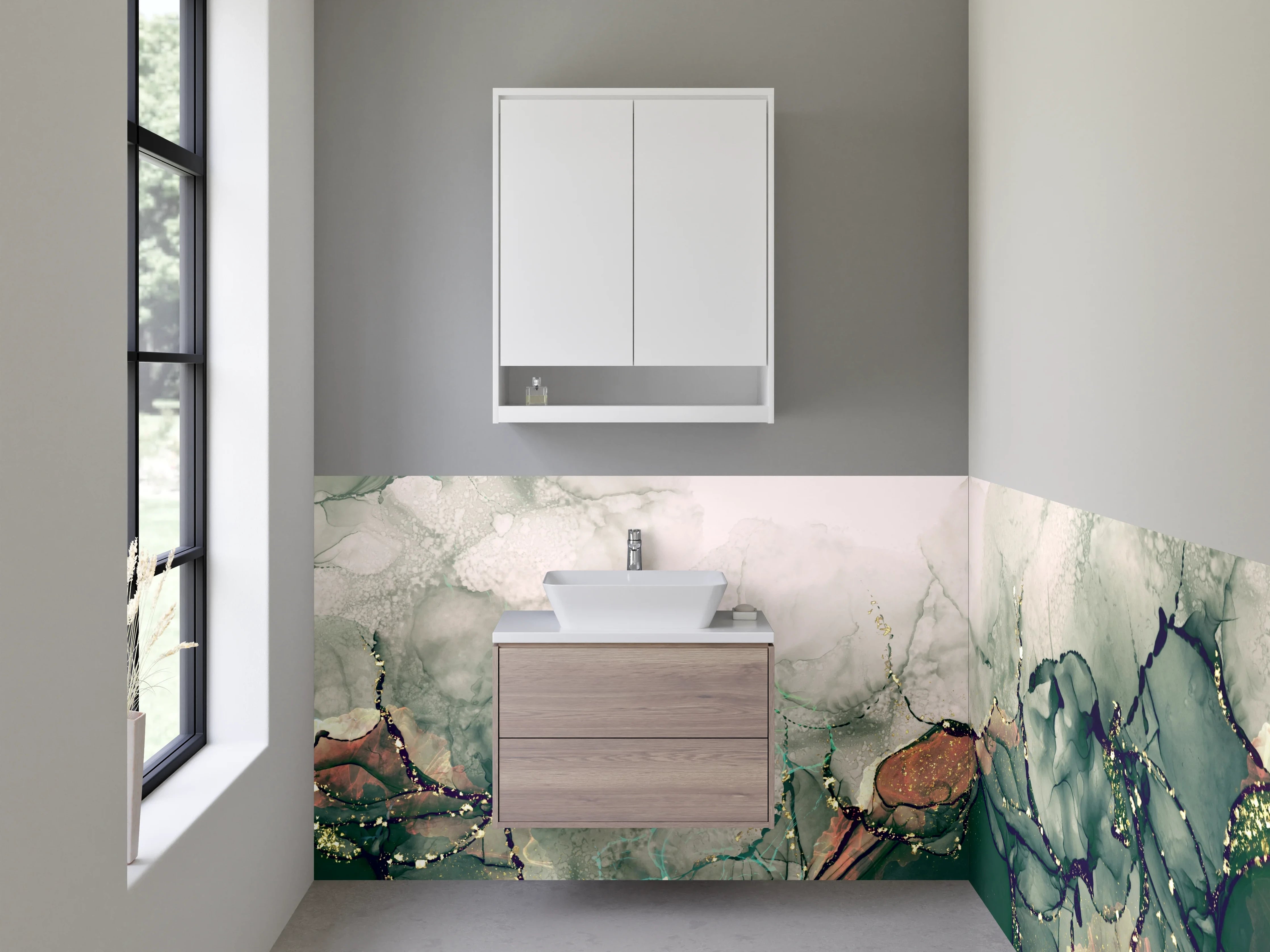 Waschbecken-Rückwand - Abstrakte Aquarell Marmoroptik Grün Gold