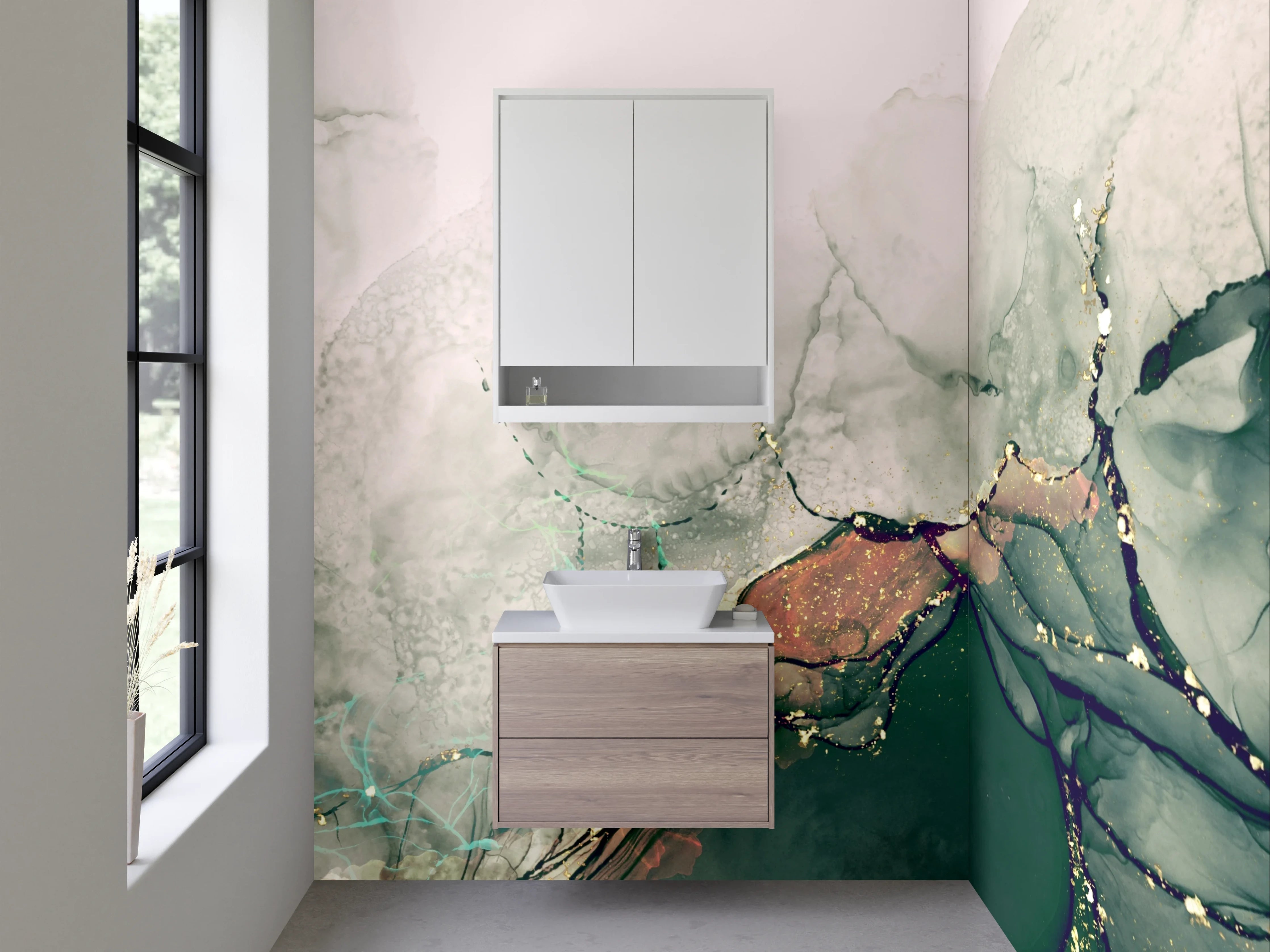 Waschbecken-Rückwand - Abstrakte Aquarell Marmoroptik Grün Gold