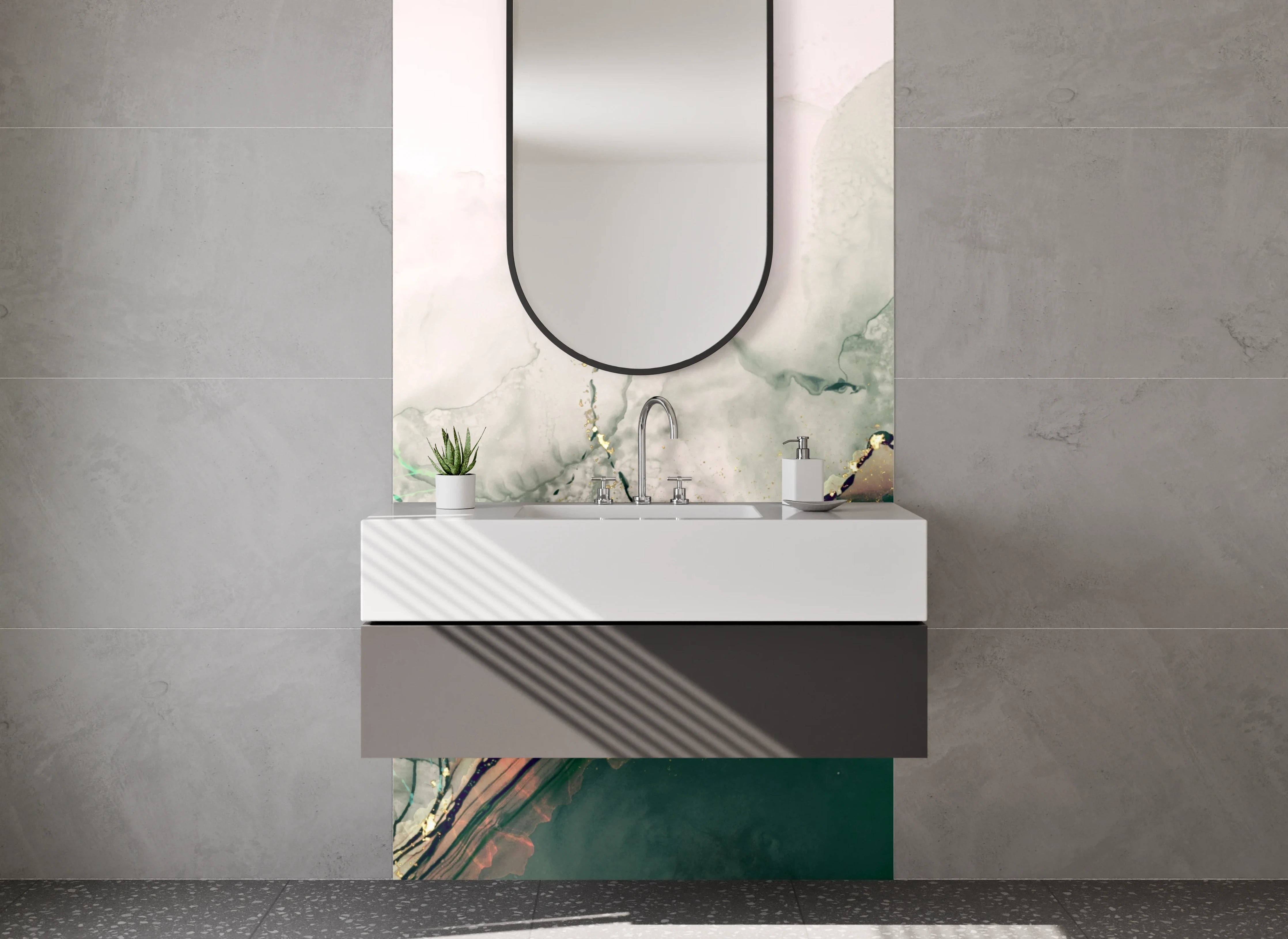 Waschbecken-Rückwand - Abstrakte Aquarell Marmoroptik Grün Gold