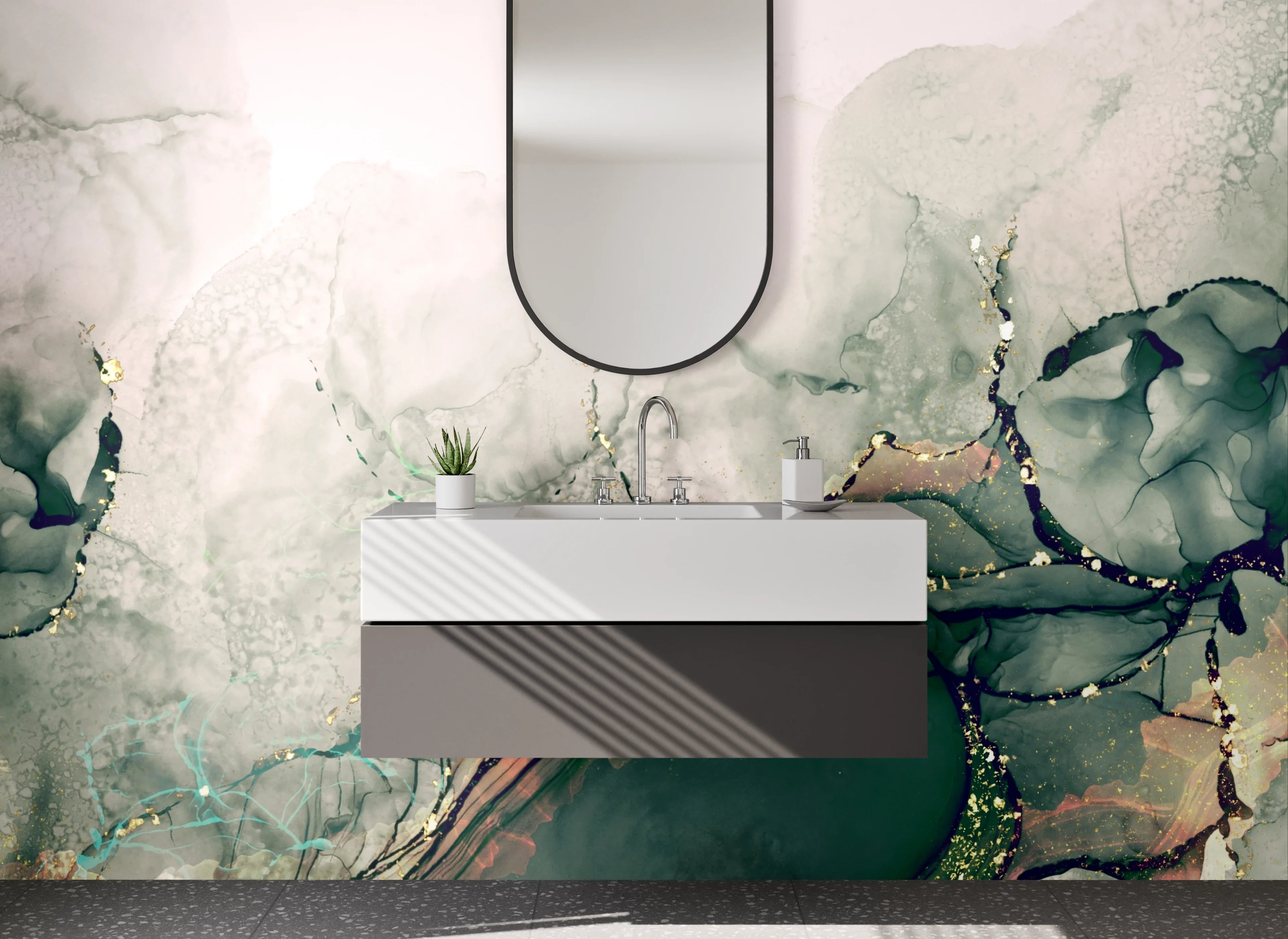 Waschbecken-Rückwand - Abstrakte Aquarell Marmoroptik Grün Gold