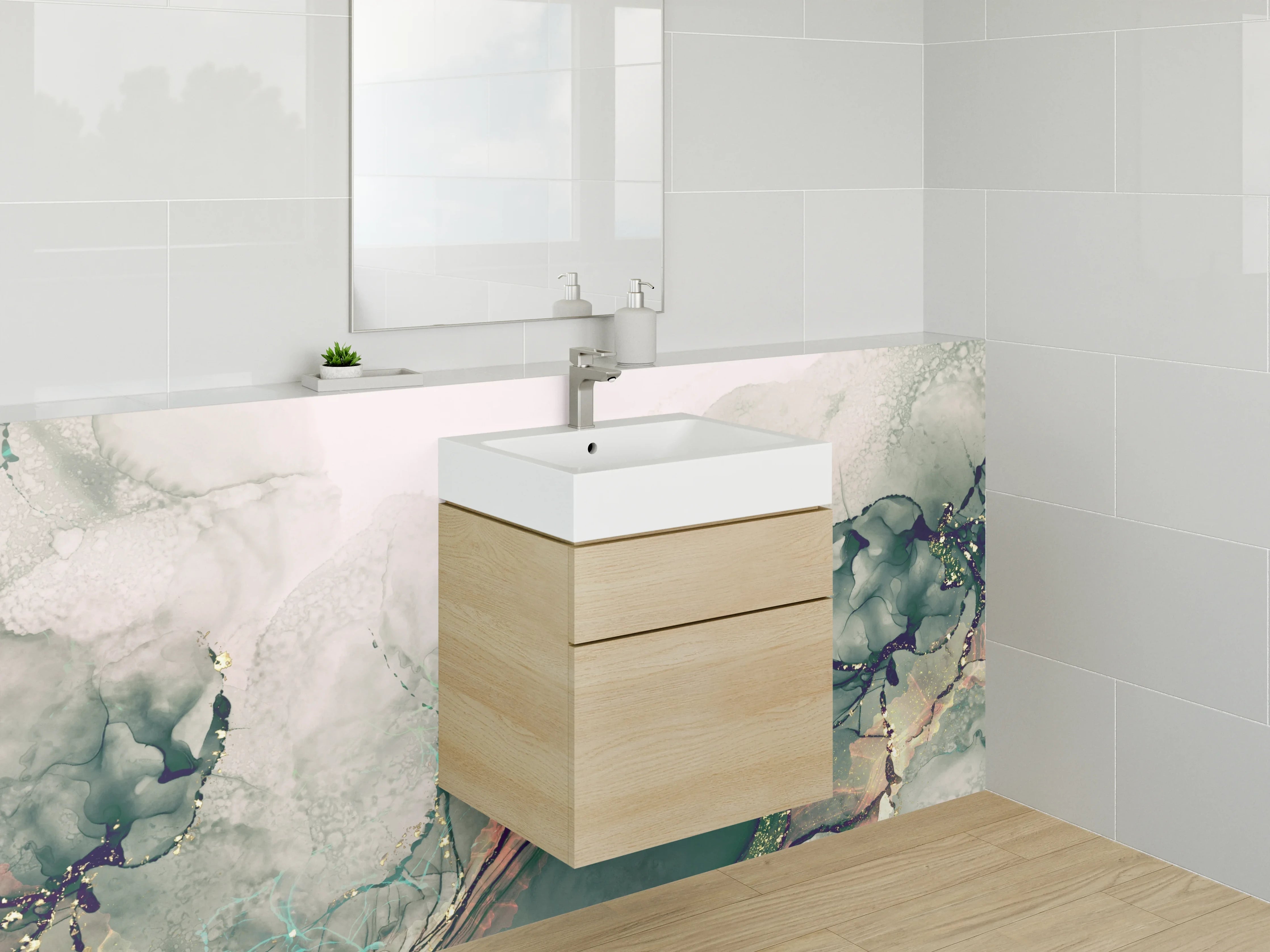 Waschbecken-Rückwand - Abstrakte Aquarell Marmoroptik Grün Gold