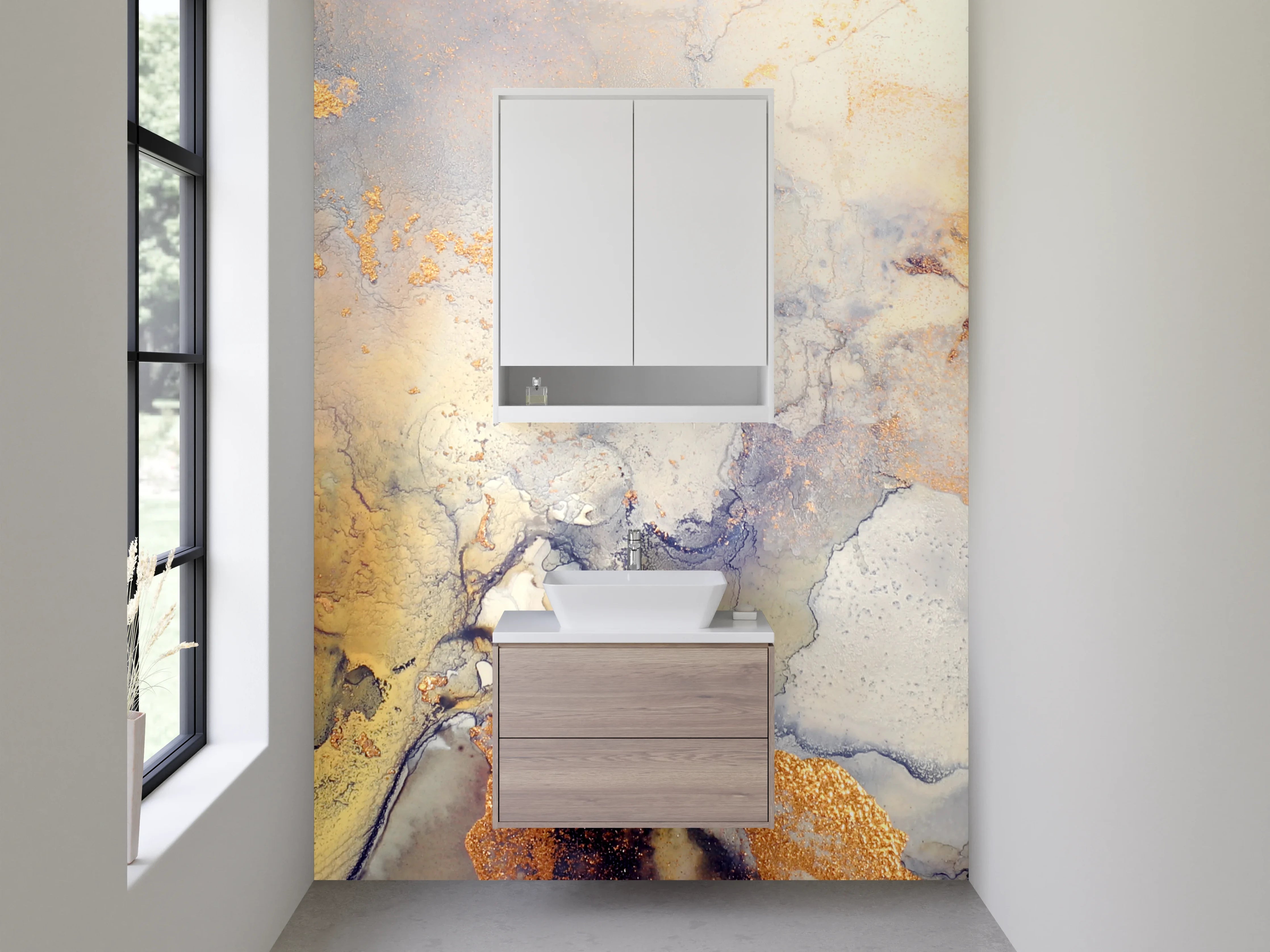 Waschbecken-Rückwand - Abstrakte Aquarell-Optik in Gold und Beige