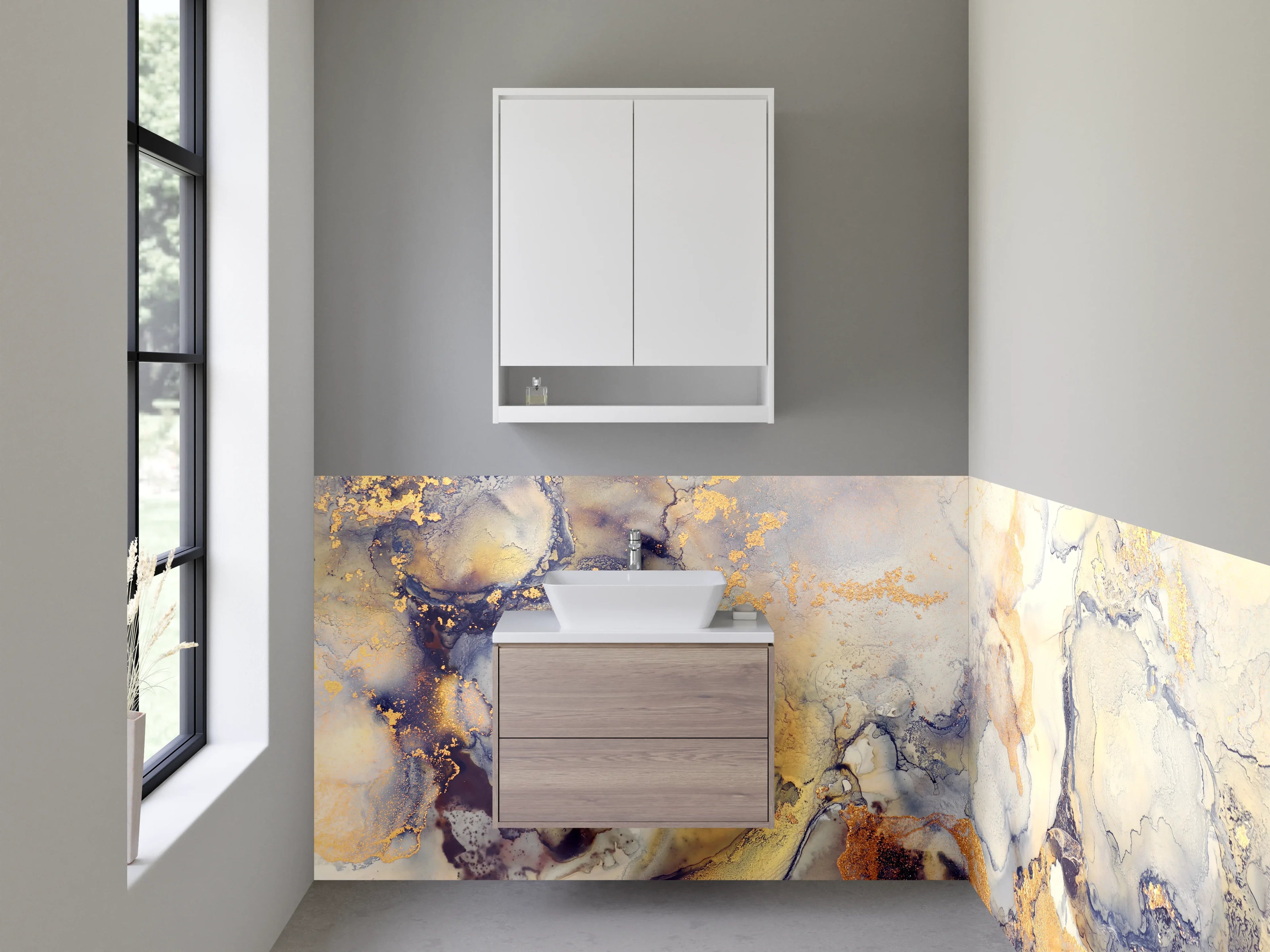 Waschbecken-Rückwand - Abstrakte Aquarell-Optik in Gold und Beige
