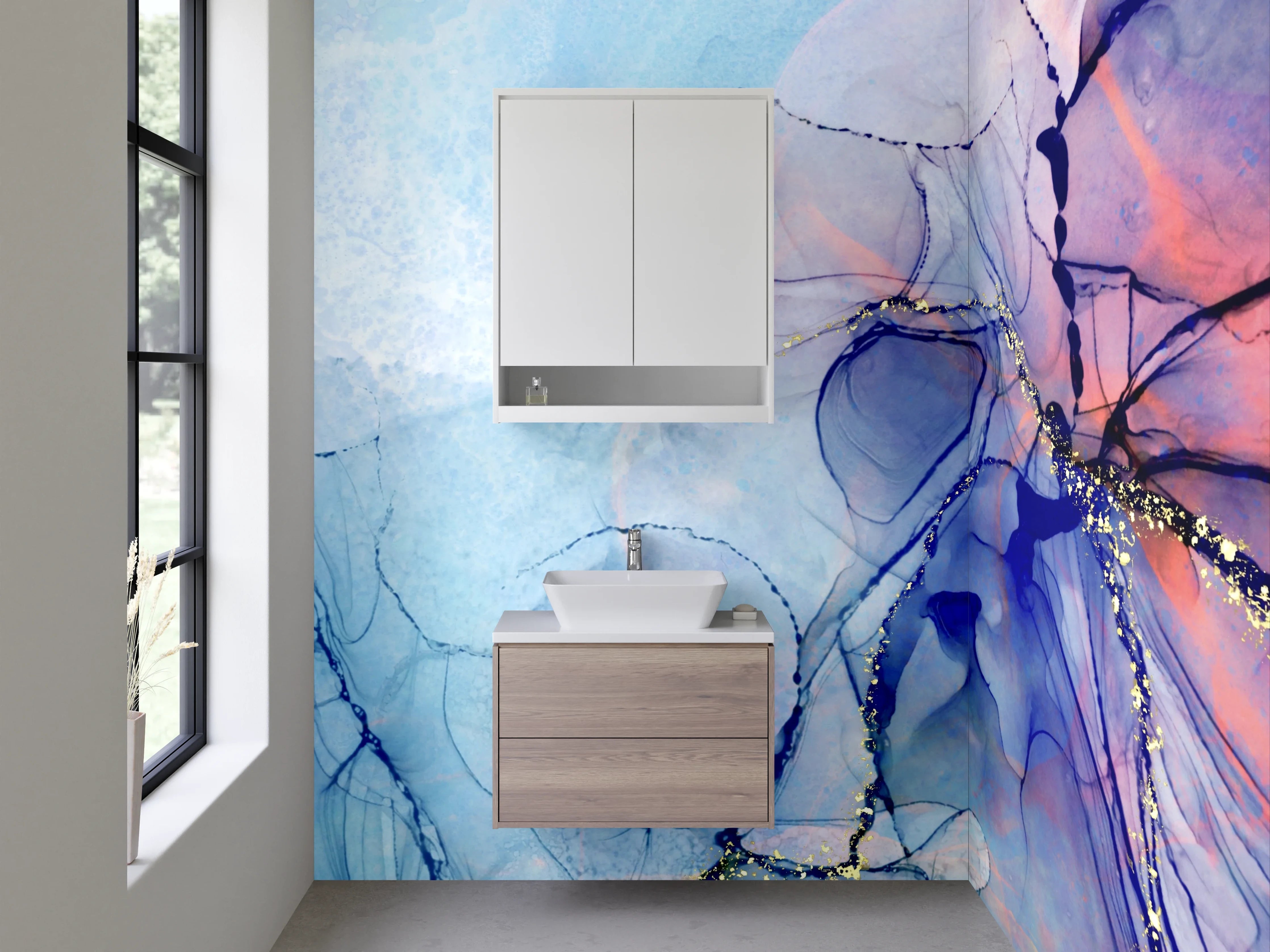 Waschbecken-Rückwand - Abstrakte Aquarellkunst in Blau und Lila