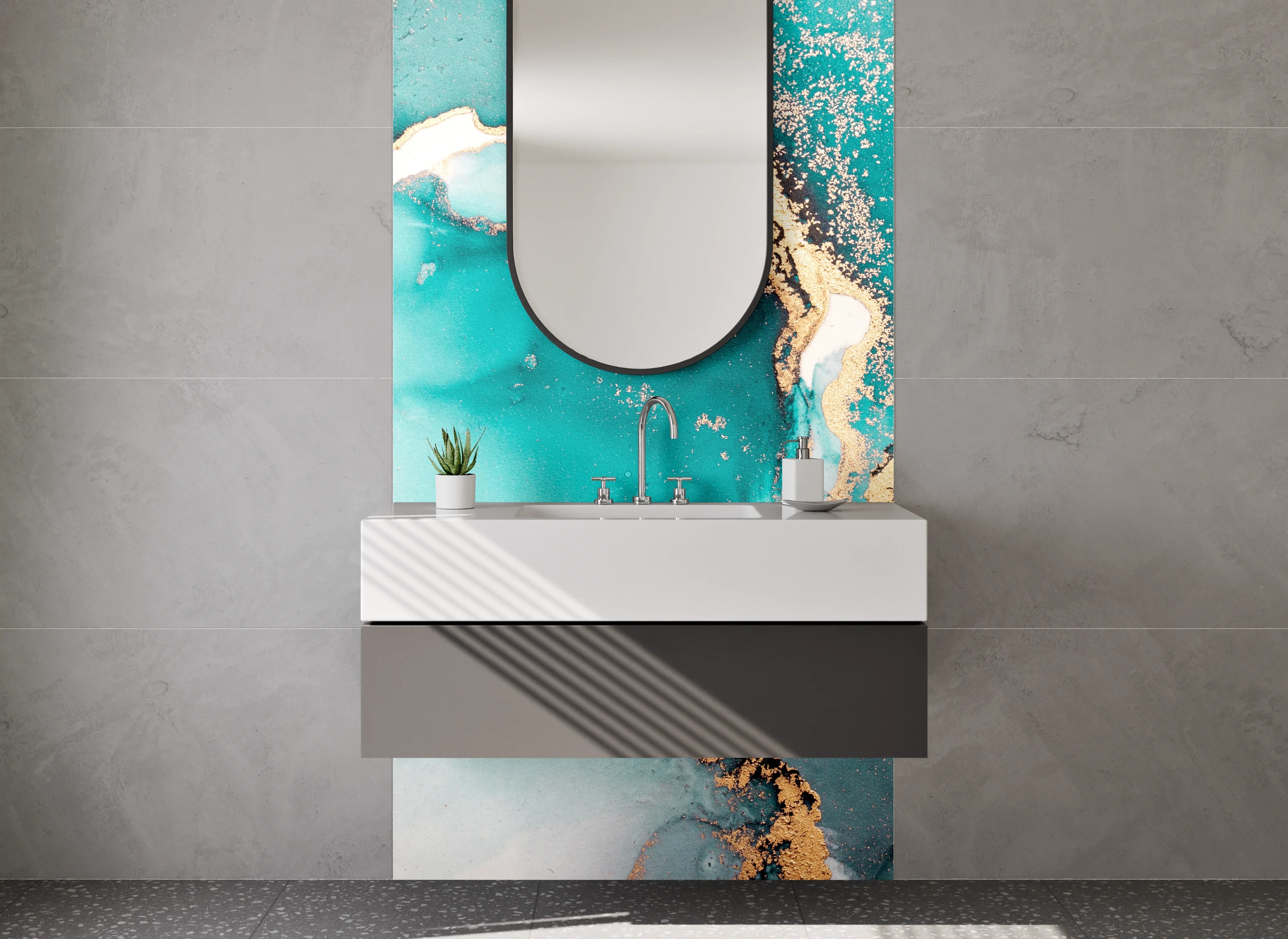 Waschbecken-Rückwand - Abstrakte Aquarelloptik in Türkis und Gold