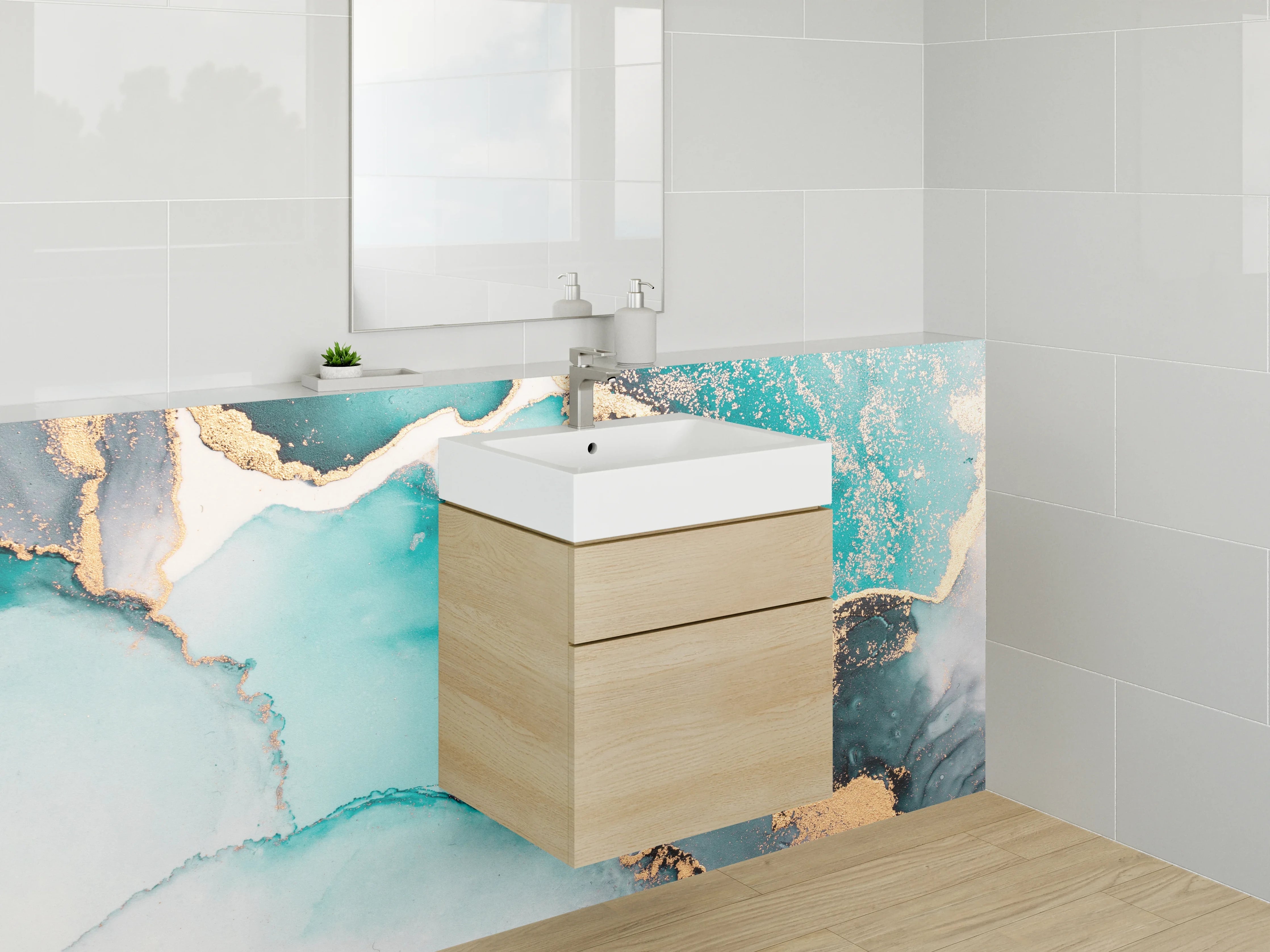 Waschbecken-Rückwand - Abstrakte Aquarelloptik in Türkis und Gold