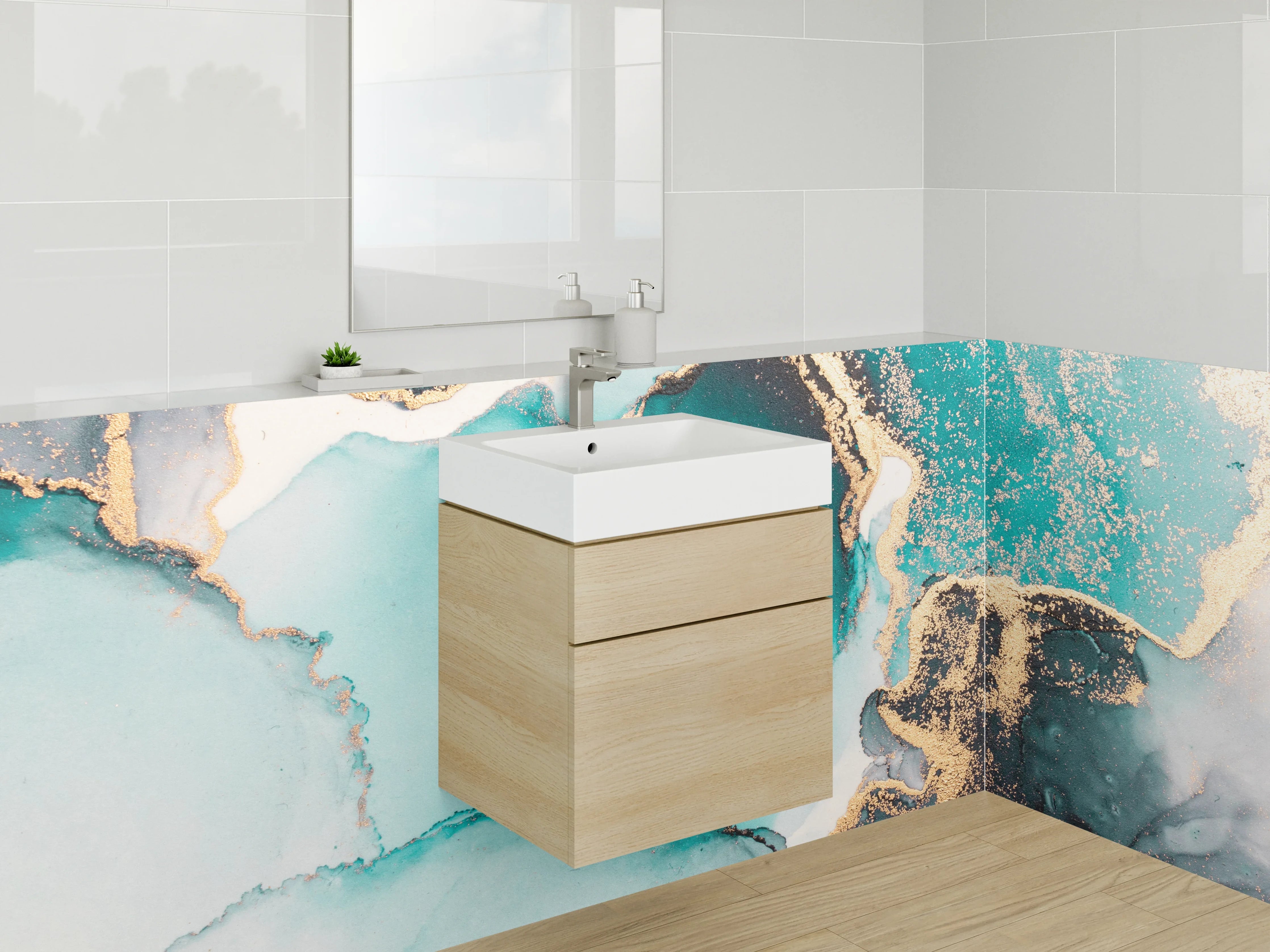 Waschbecken-Rückwand - Abstrakte Aquarelloptik in Türkis und Gold