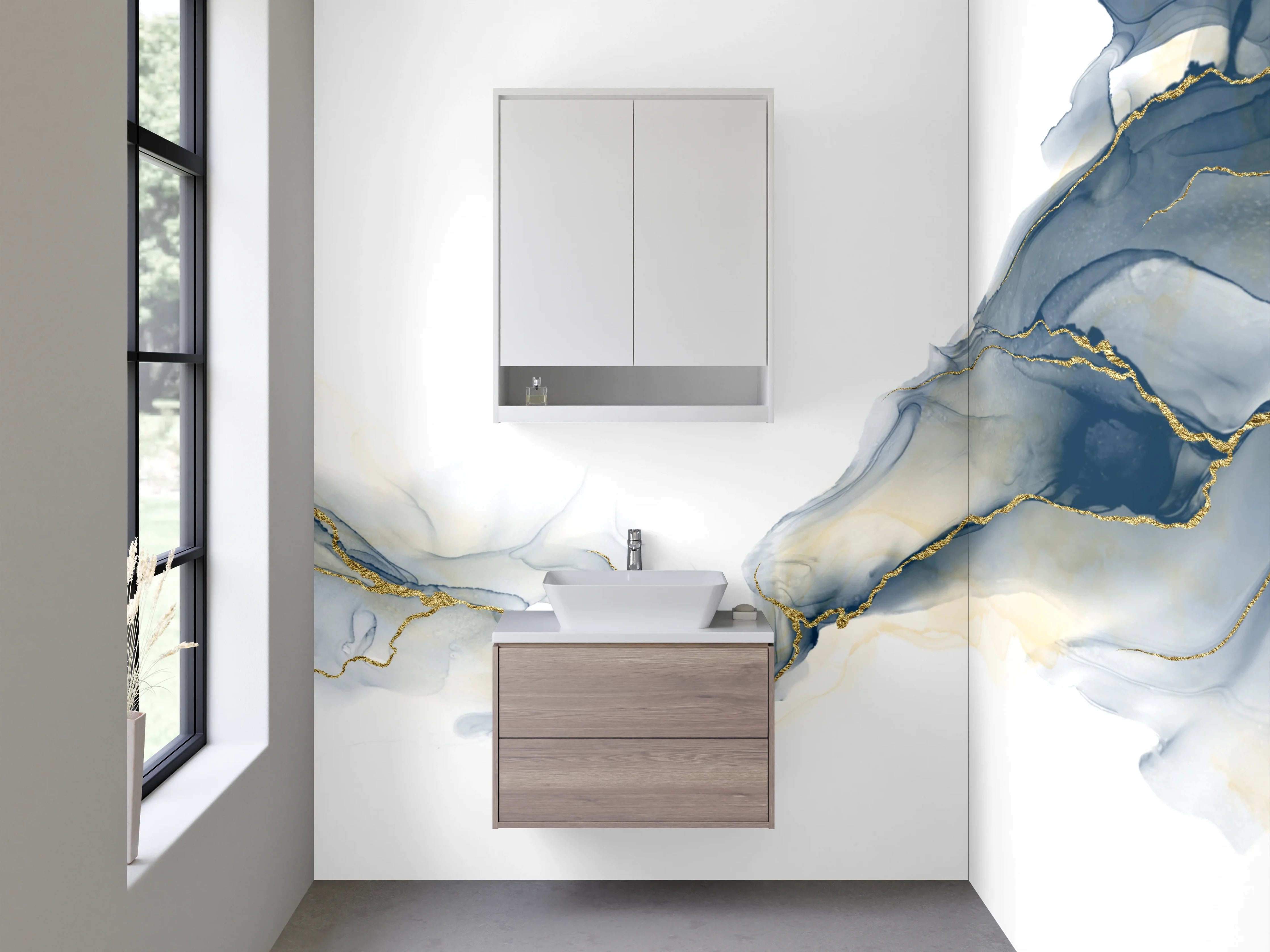 Waschbecken-Rückwand - Abstrakte Aquarelloptik mit Goldlinien
