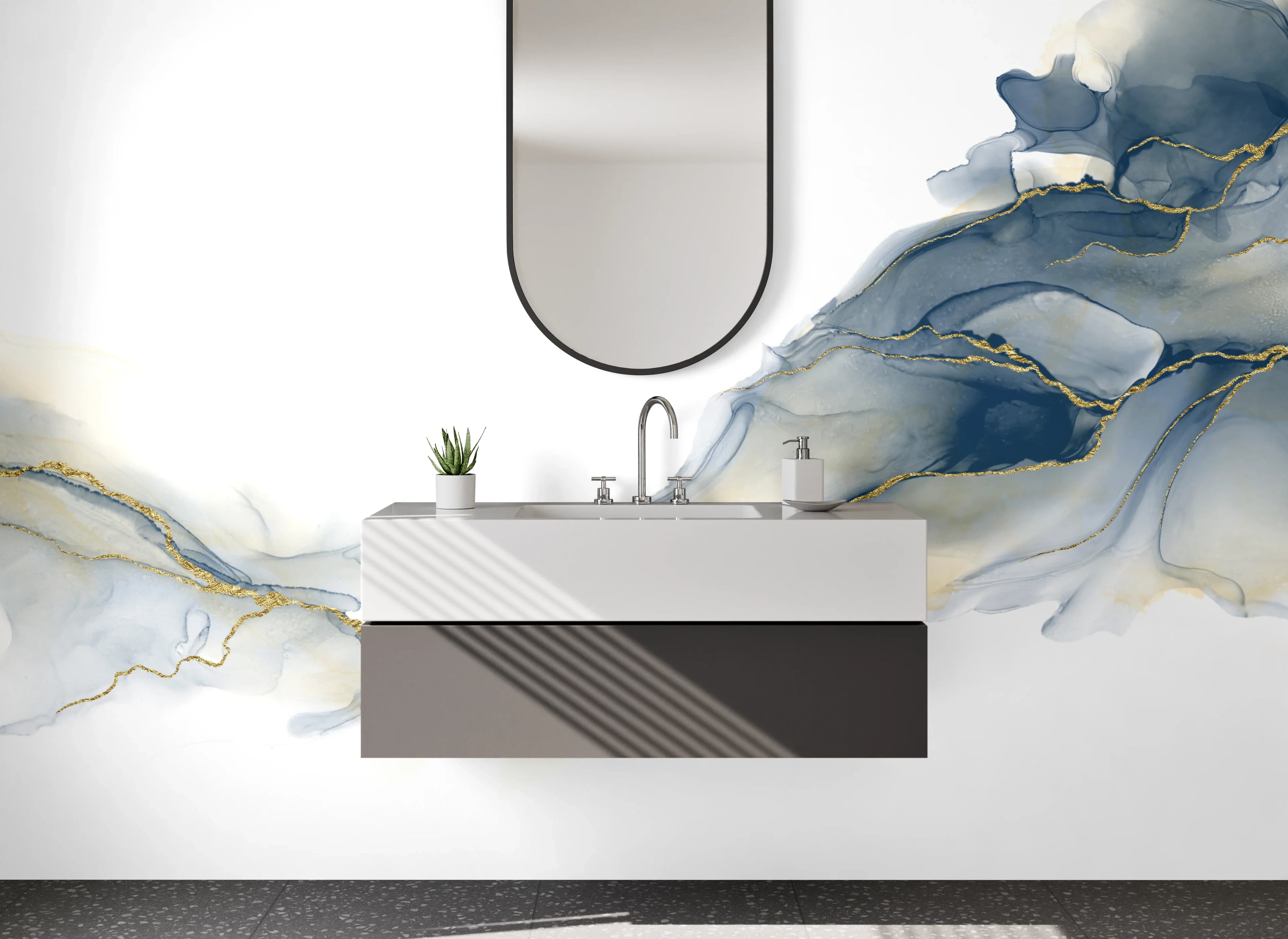 Waschbecken-Rückwand - Abstrakte Aquarelloptik mit Goldlinien
