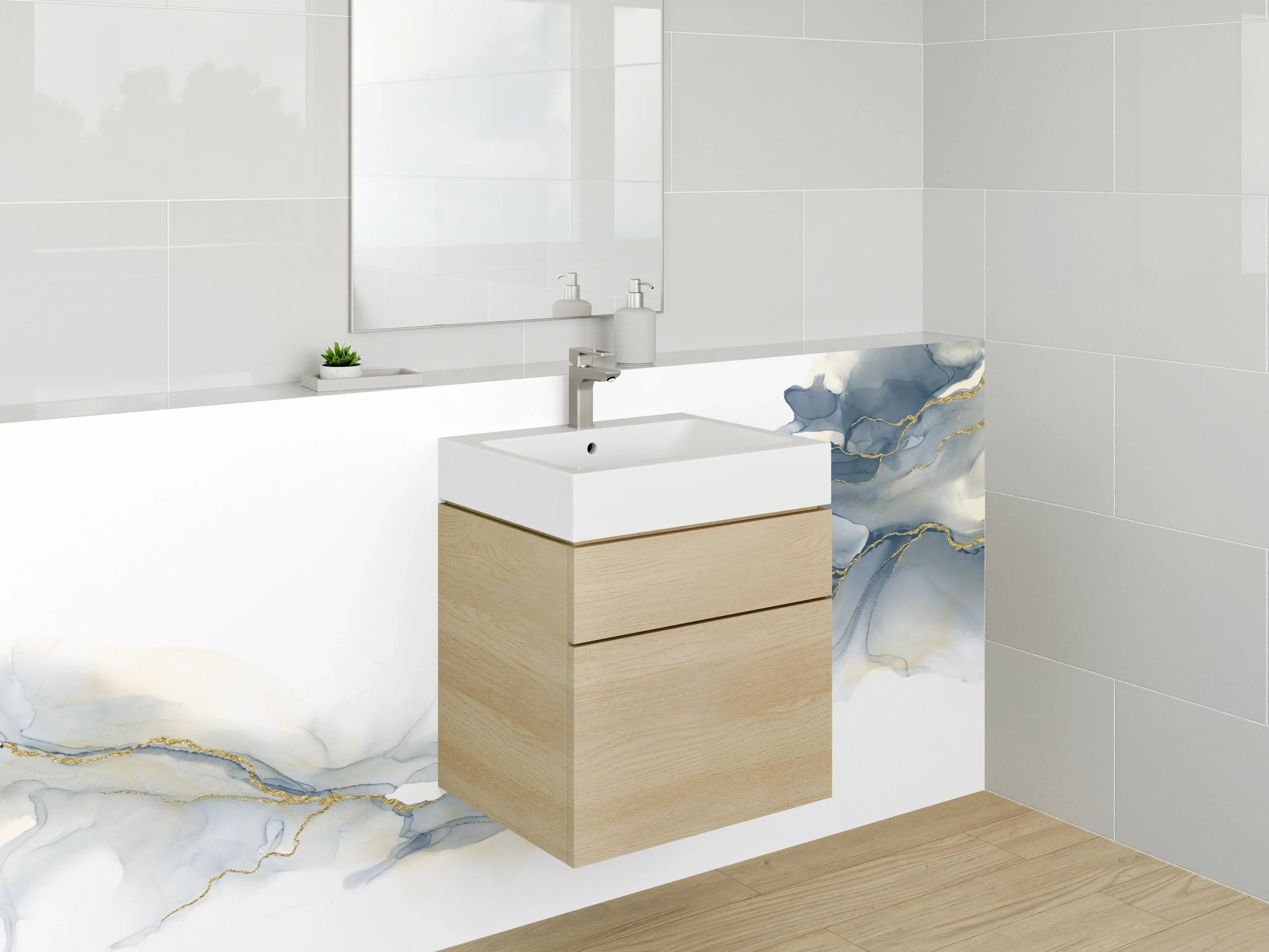 Waschbecken-Rückwand - Abstrakte Aquarelloptik mit Goldlinien