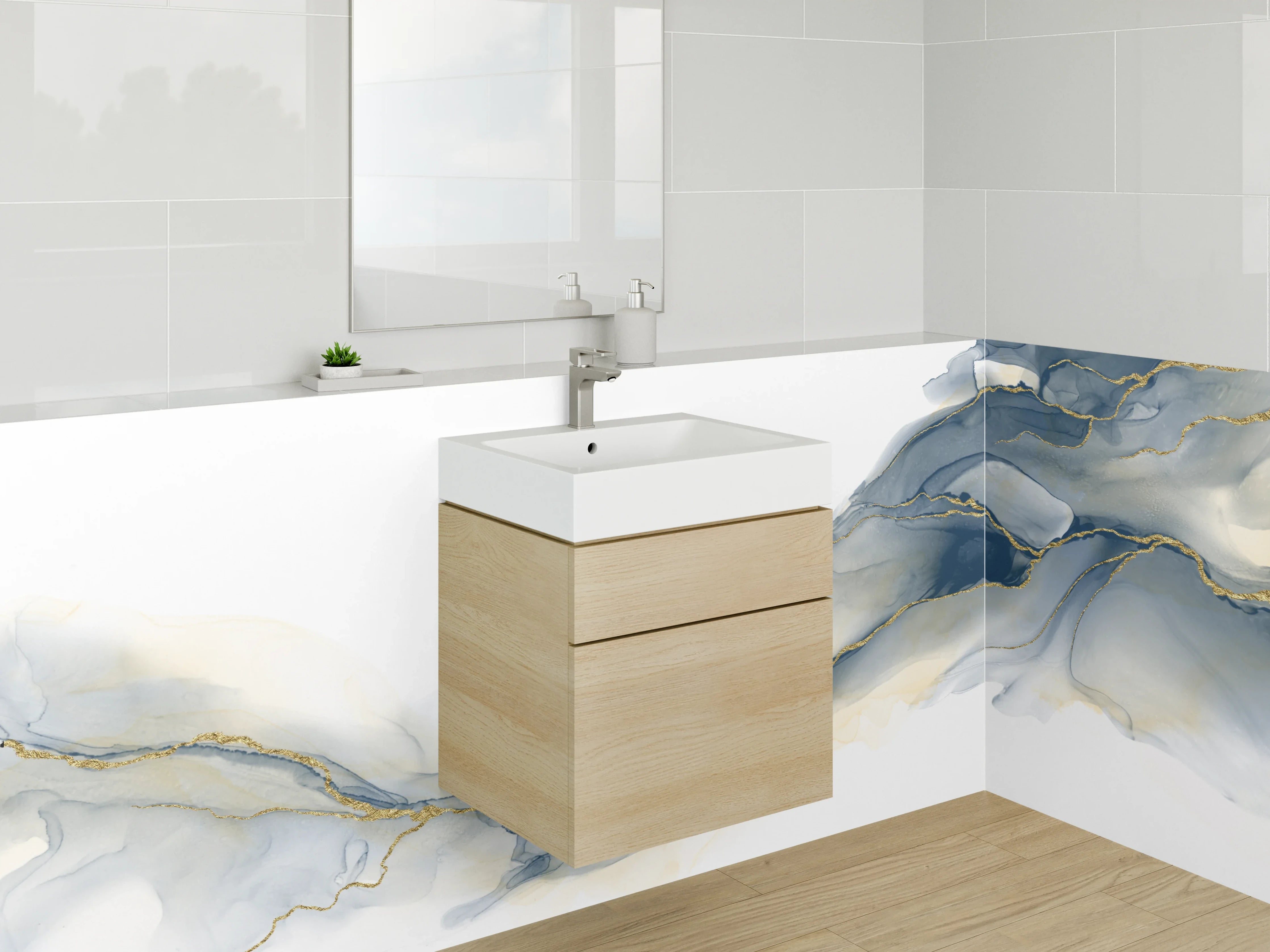 Waschbecken-Rückwand - Abstrakte Aquarelloptik mit Goldlinien