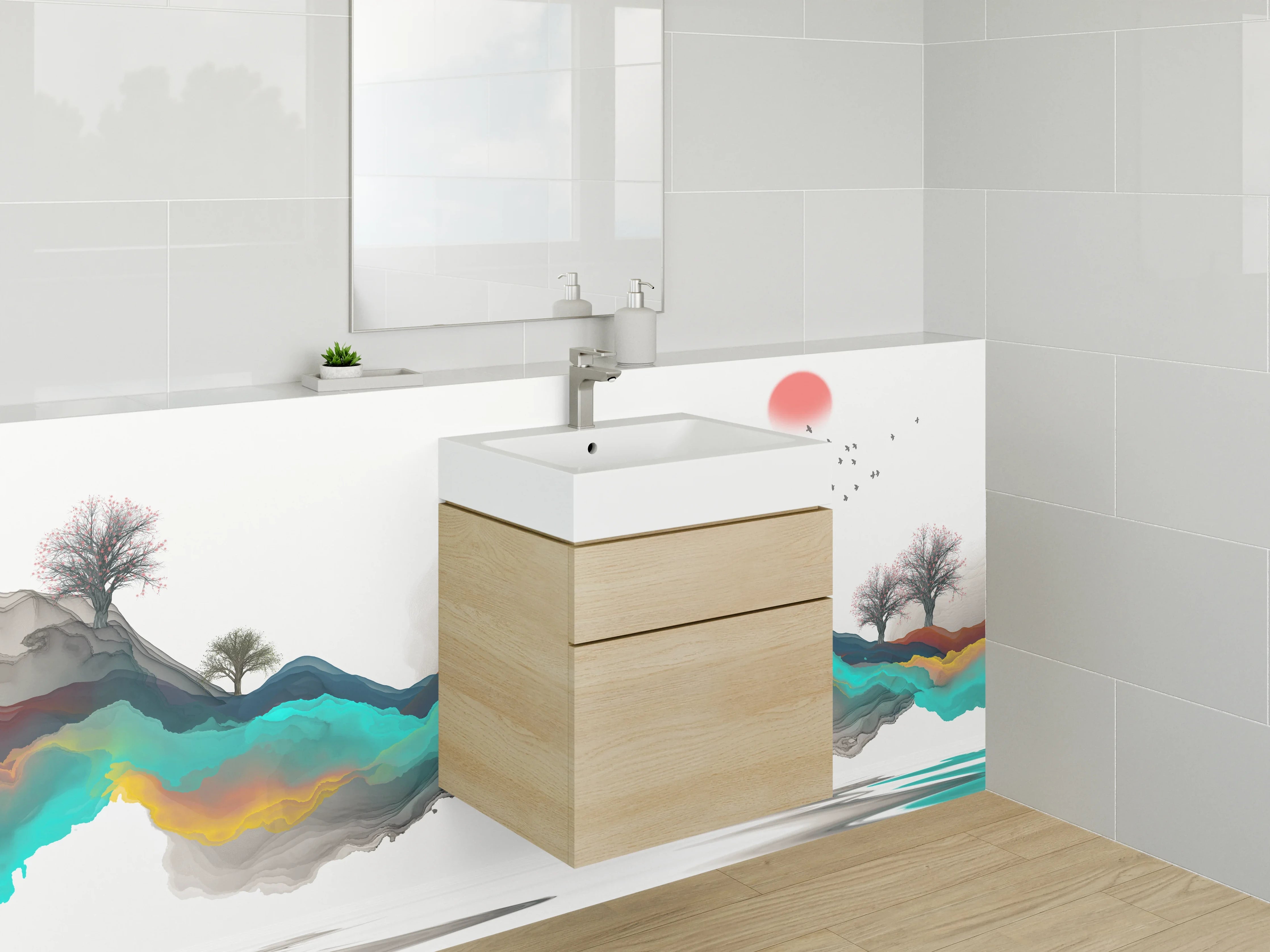 Waschbecken-Rückwand - Abstrakte Berglandschaft in Aquarell-Optik