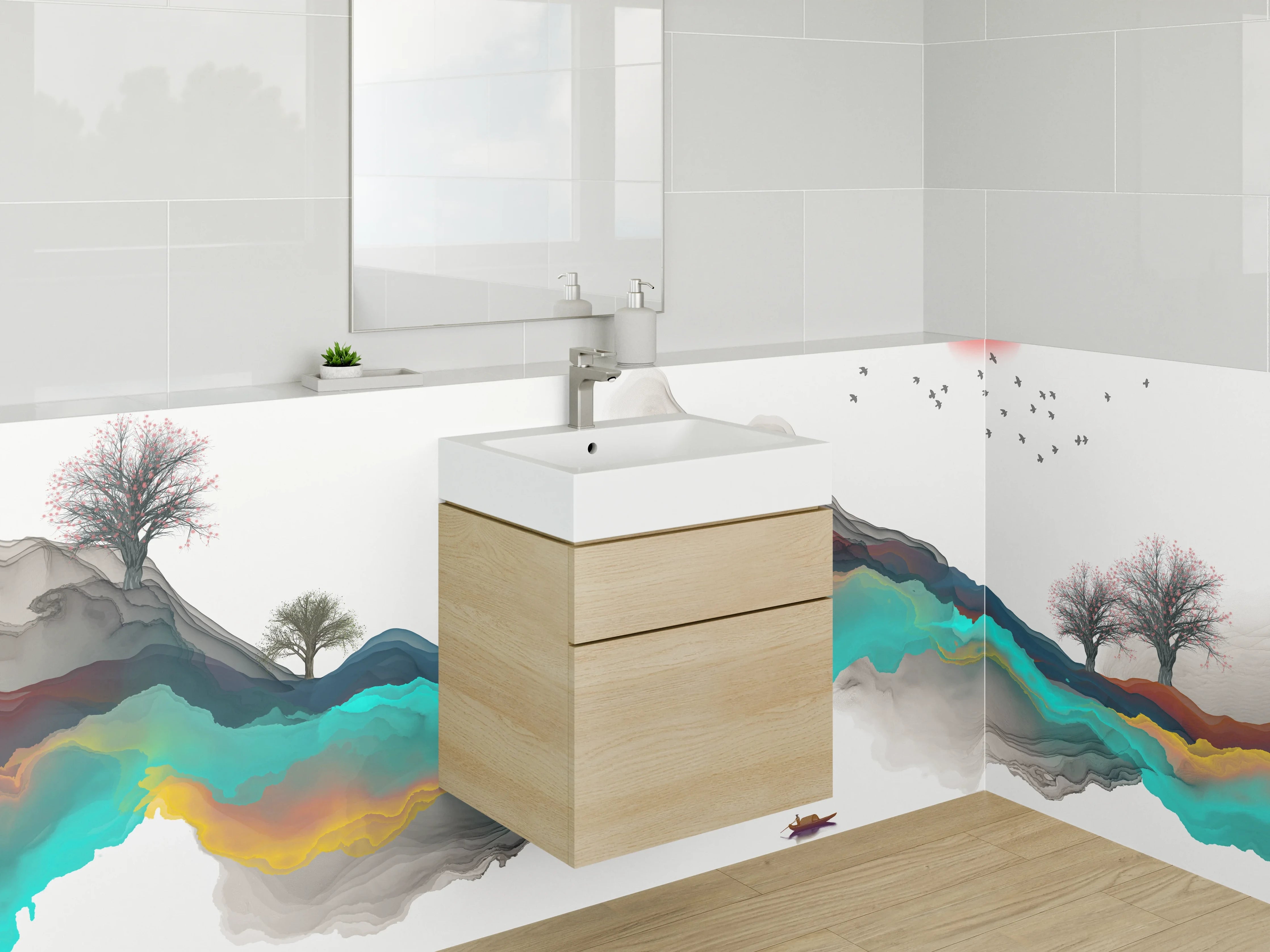 Waschbecken-Rückwand - Abstrakte Berglandschaft in Aquarell-Optik