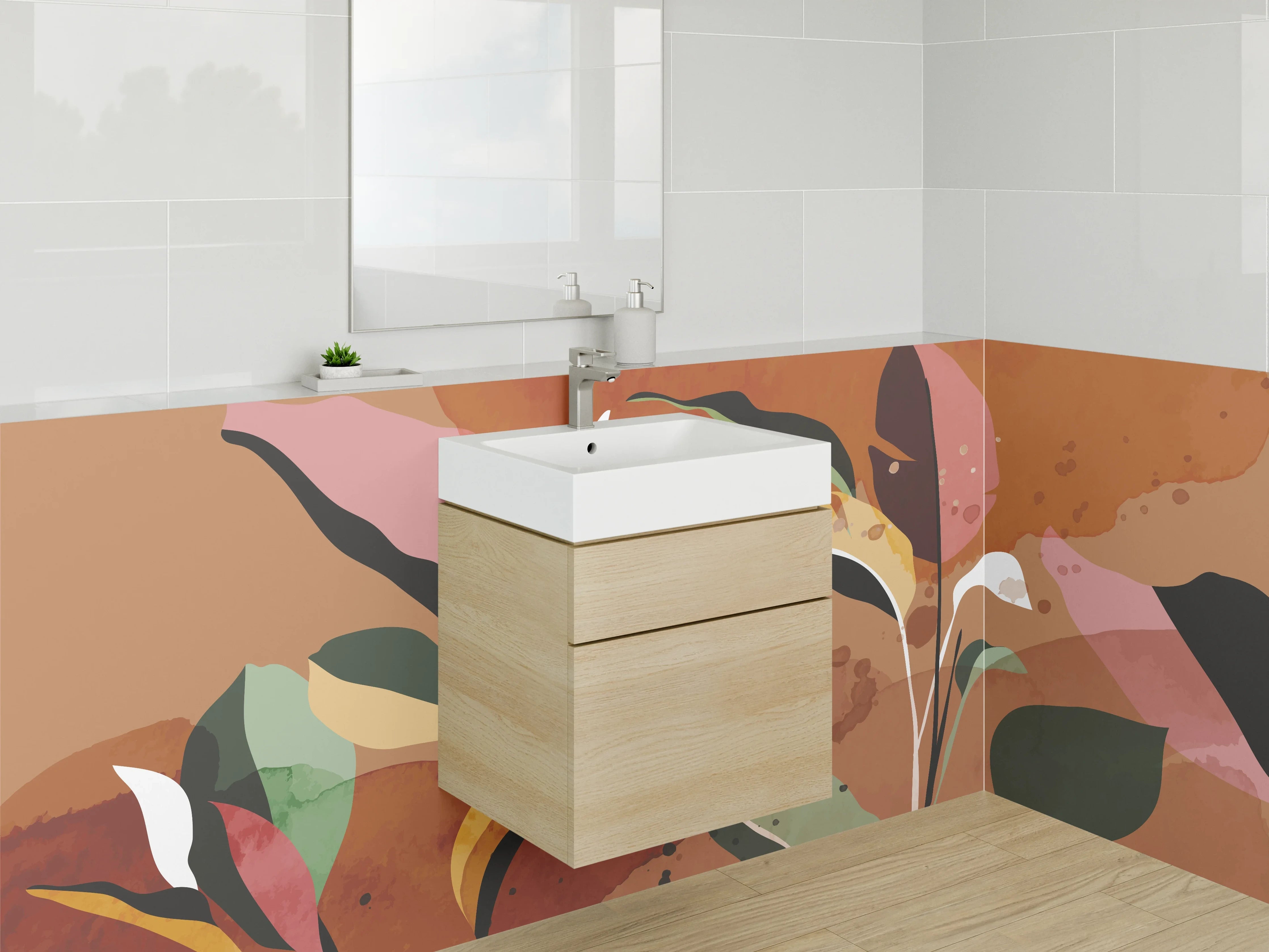 Waschbecken-Rückwand - Abstrakte Blätter in Erdtönen Aquarell