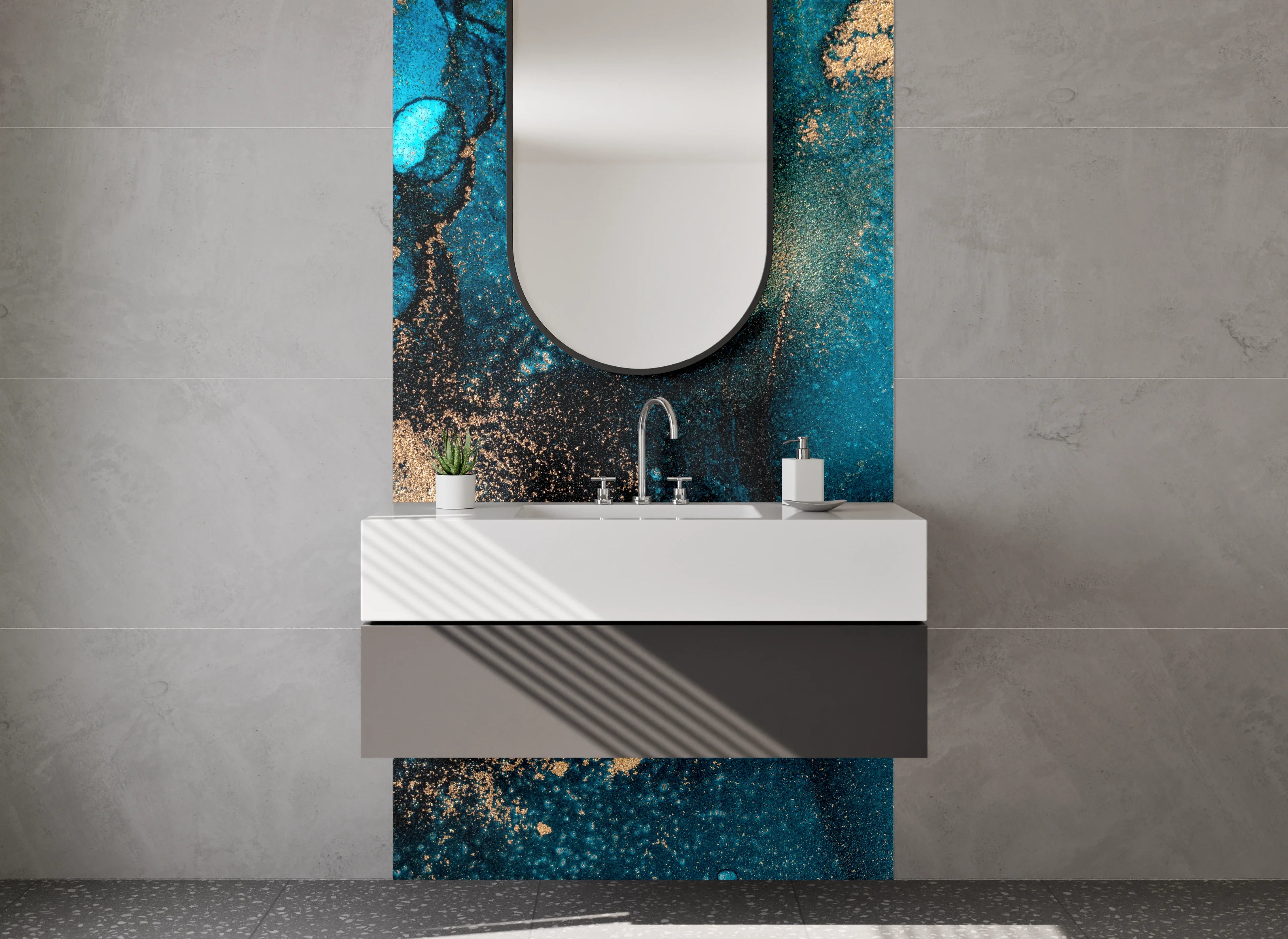 Waschbecken-Rückwand - Abstrakte Blau-Gold Aquarell-Optik