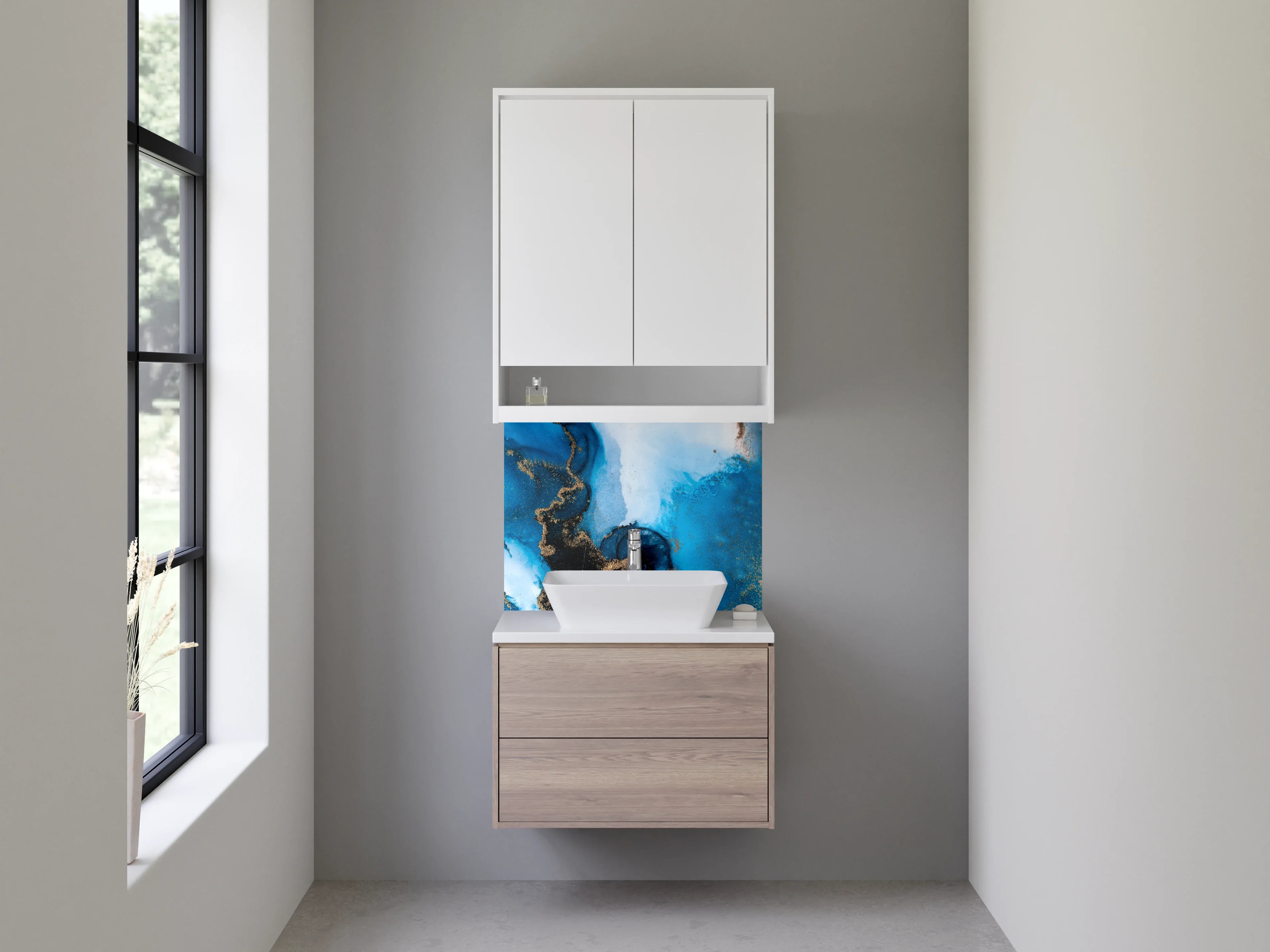 Waschbecken-Rückwand - Abstrakte Blautöne mit Gold-Akzenten