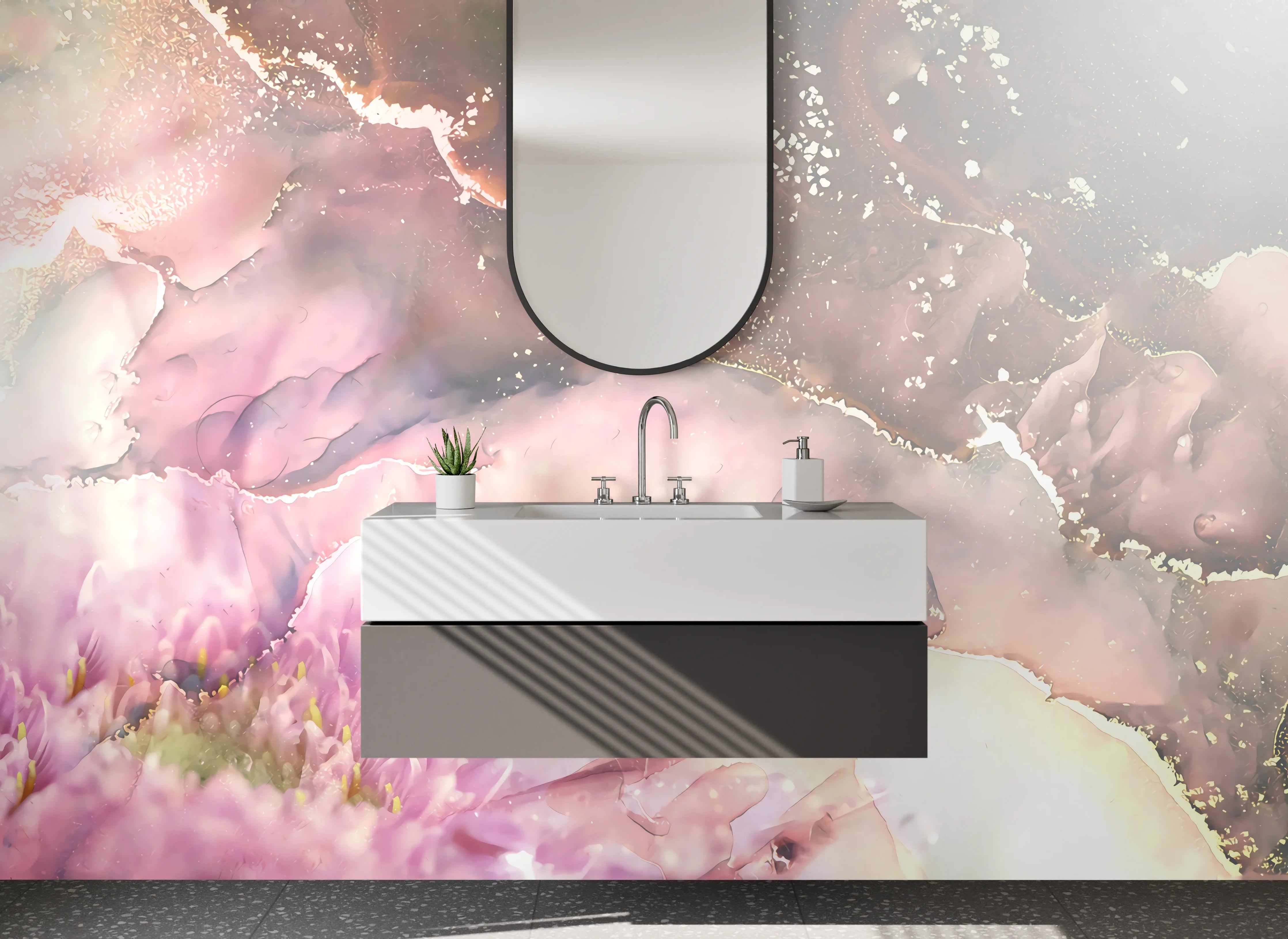 Waschbecken-Rückwand - Abstrakte Blüten in zarten Pastelltönen