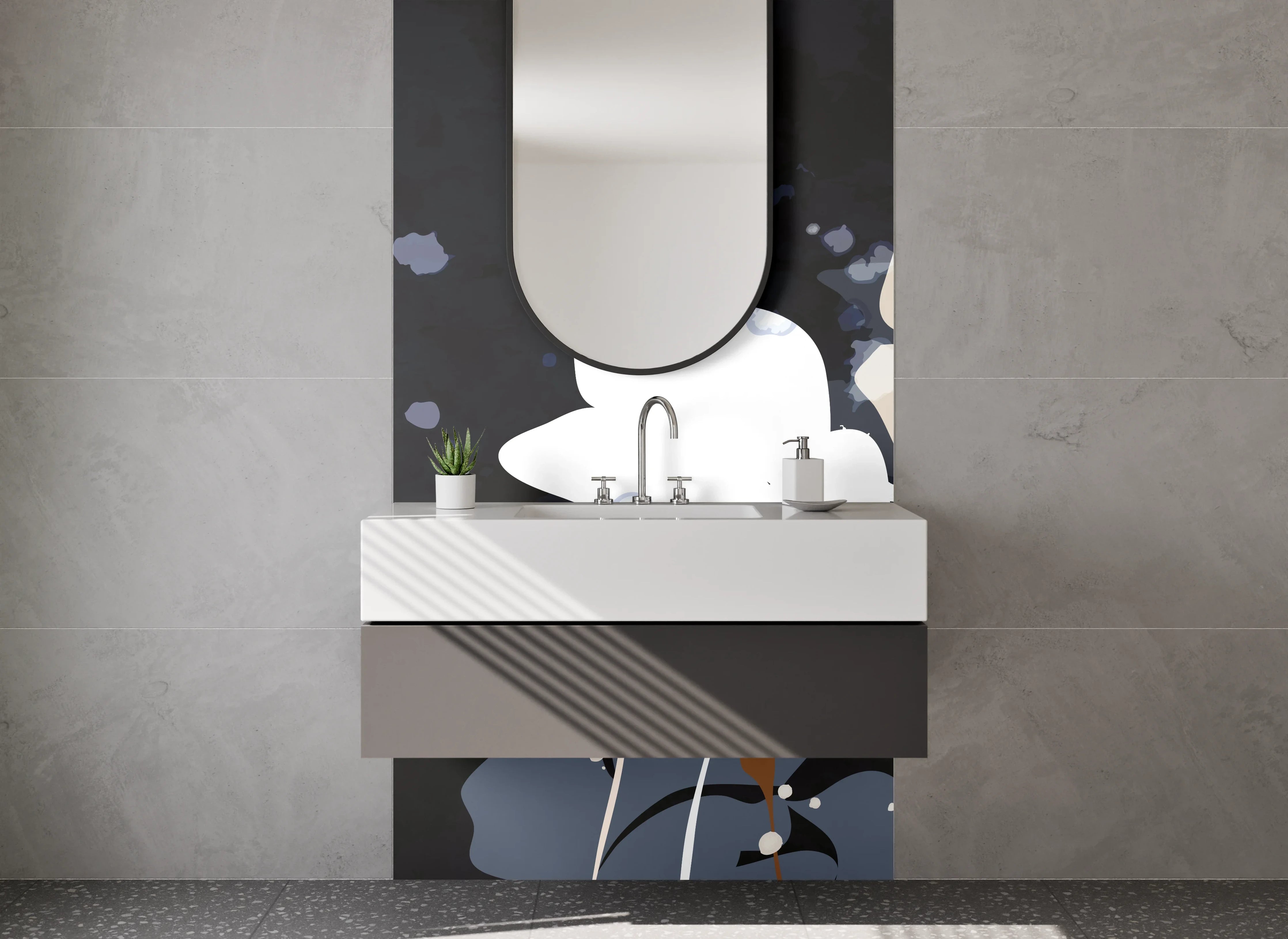 Waschbecken-Rückwand - Abstrakte Blumen in Beige und Grau