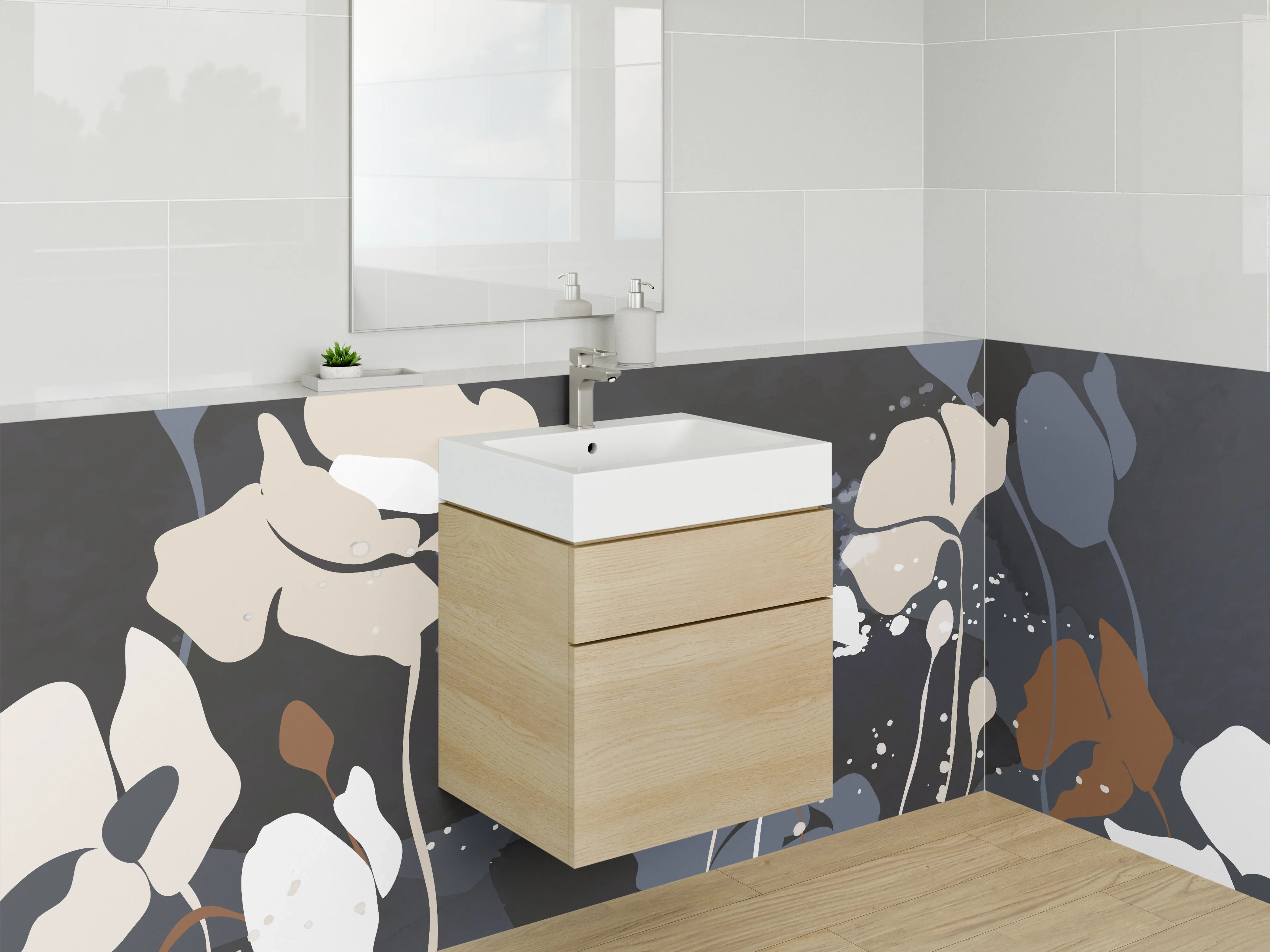 Waschbecken-Rückwand - Abstrakte Blumen in Beige und Grau