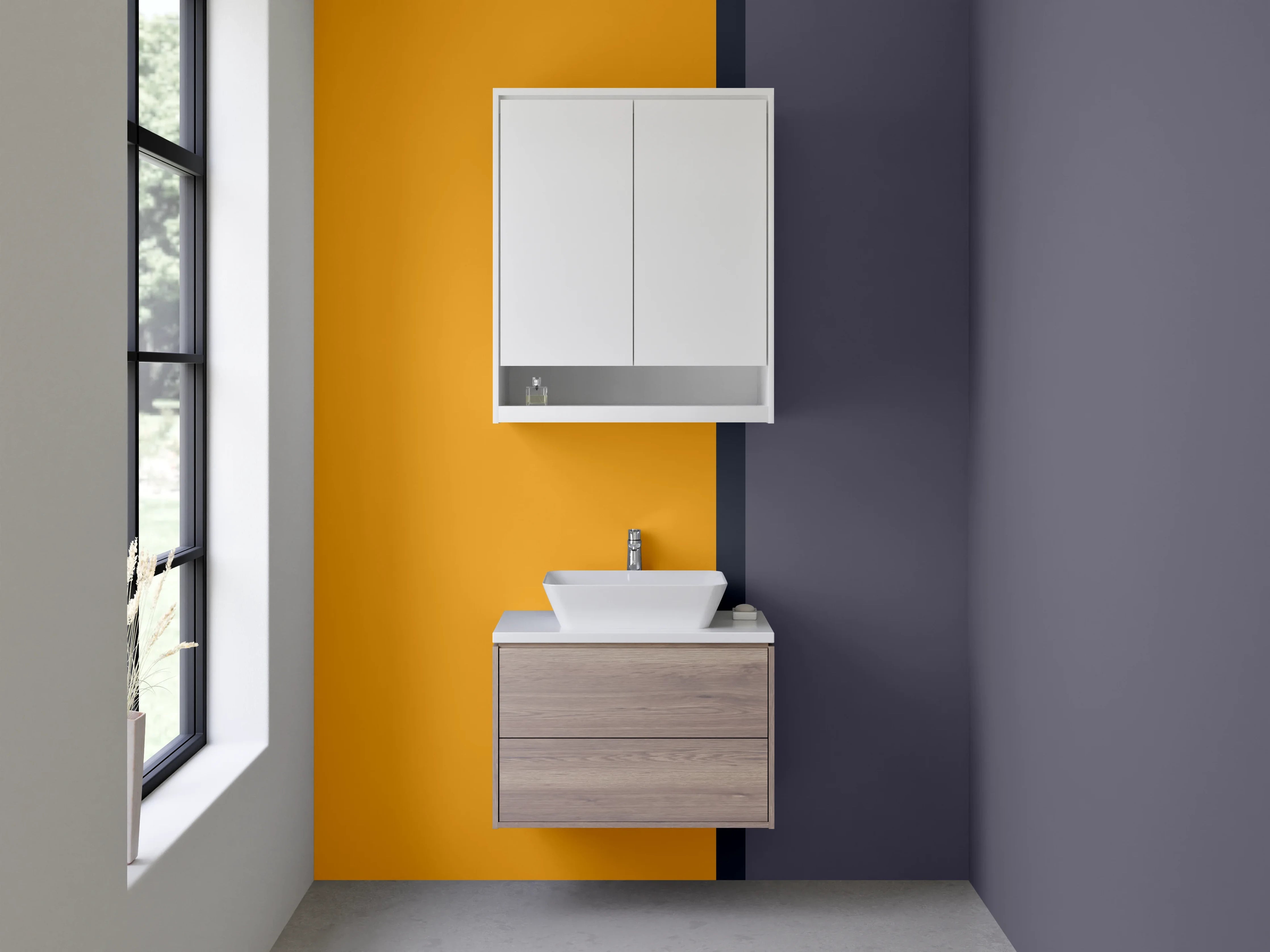 Waschbecken-Rückwand - Abstrakte Farbblockkunst in Grau und Ockergelb