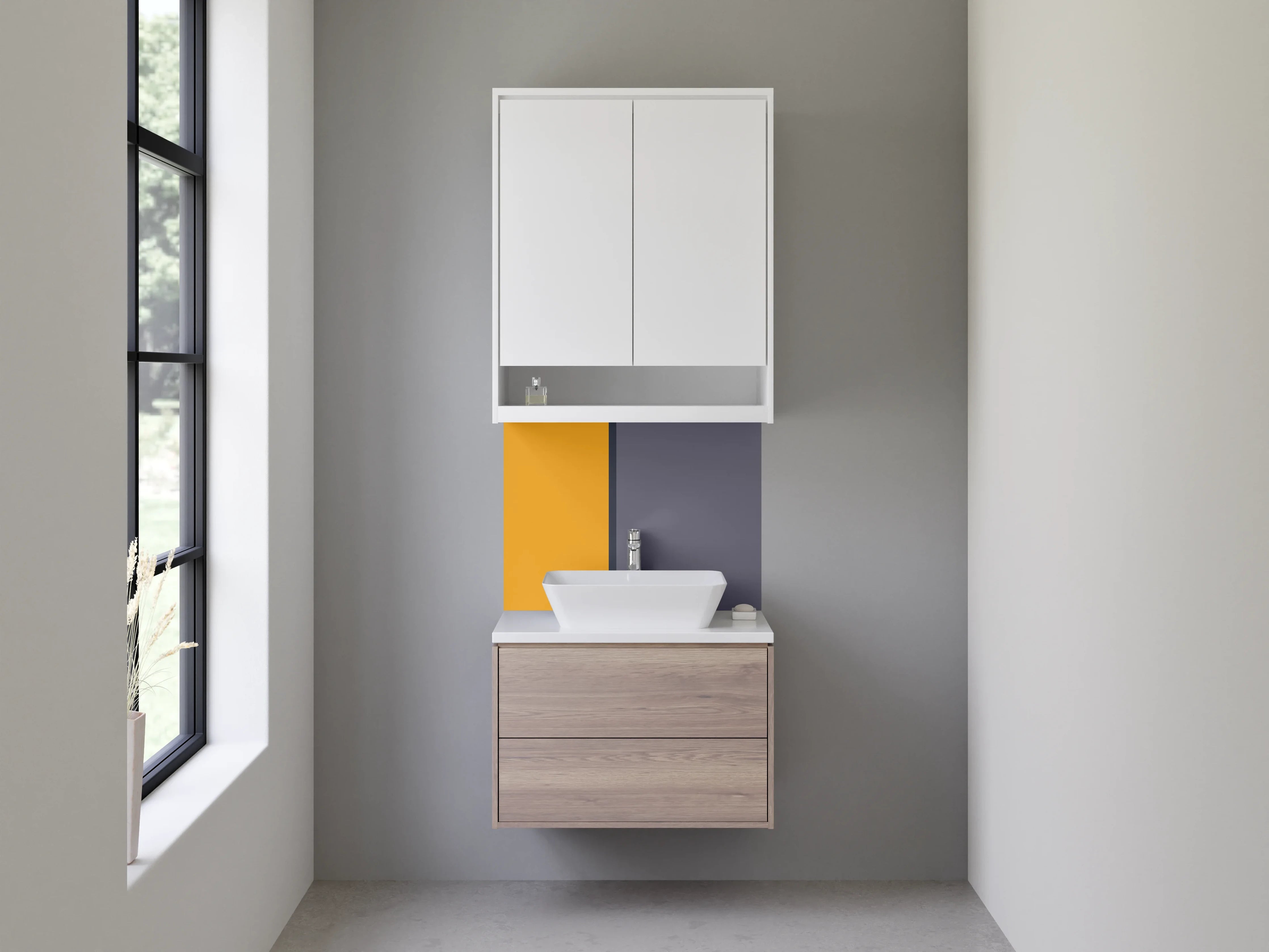 Waschbecken-Rückwand - Abstrakte Farbblockkunst in Grau und Ockergelb