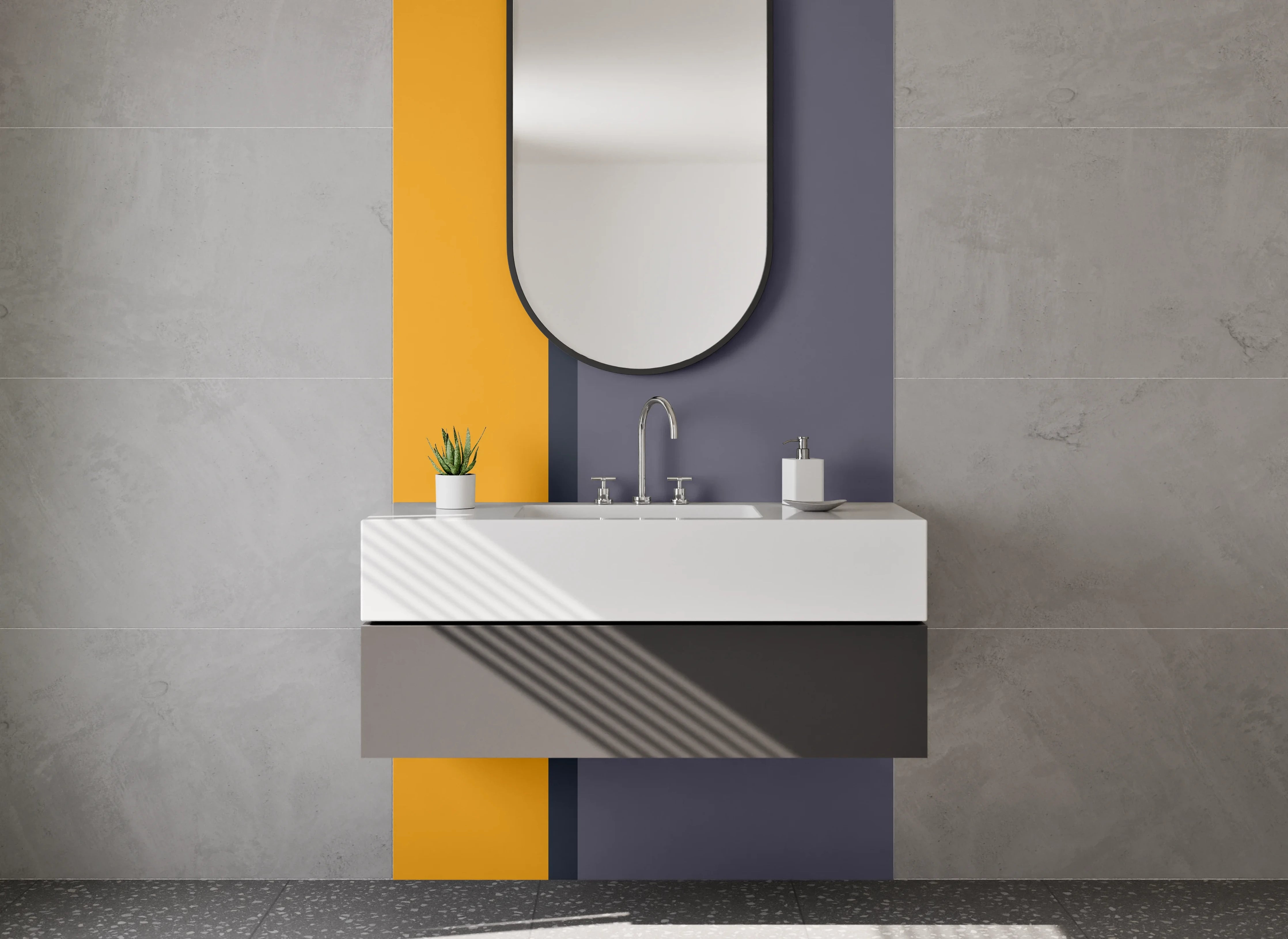 Waschbecken-Rückwand - Abstrakte Farbblockkunst in Grau und Ockergelb