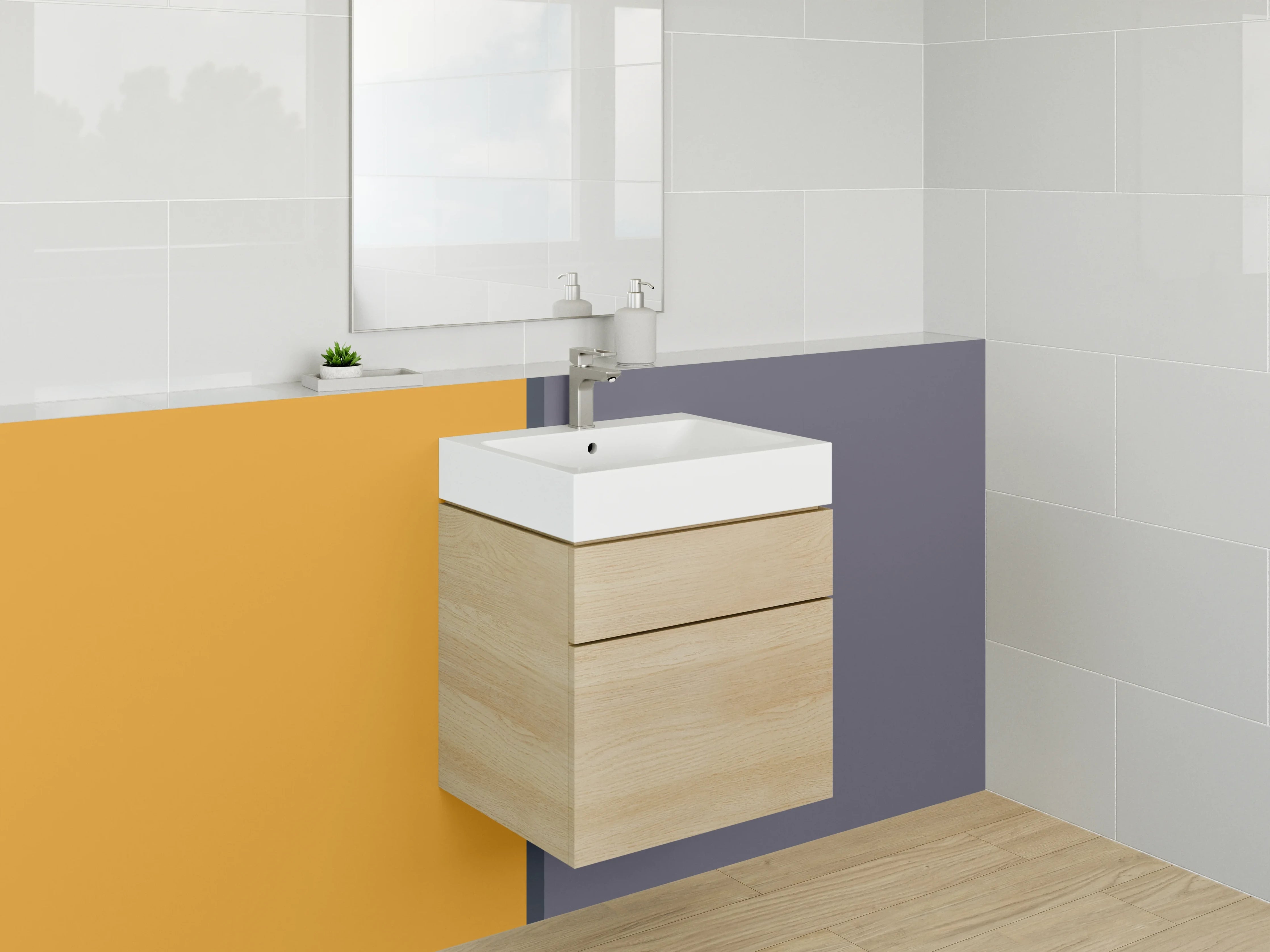 Waschbecken-Rückwand - Abstrakte Farbblockkunst in Grau und Ockergelb