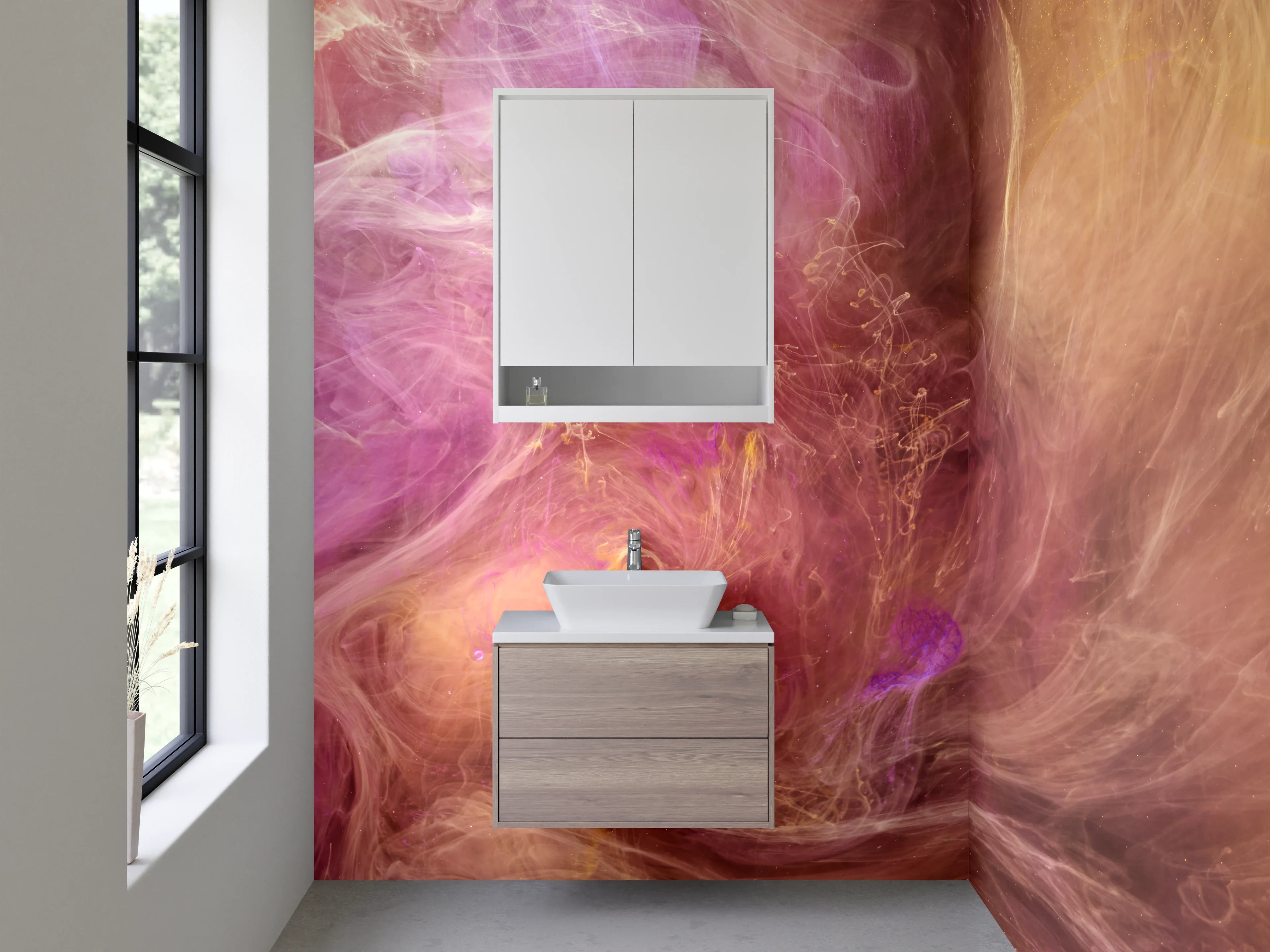 Waschbecken-Rückwand - Abstrakte Farbwolken Rosa Lila Gold